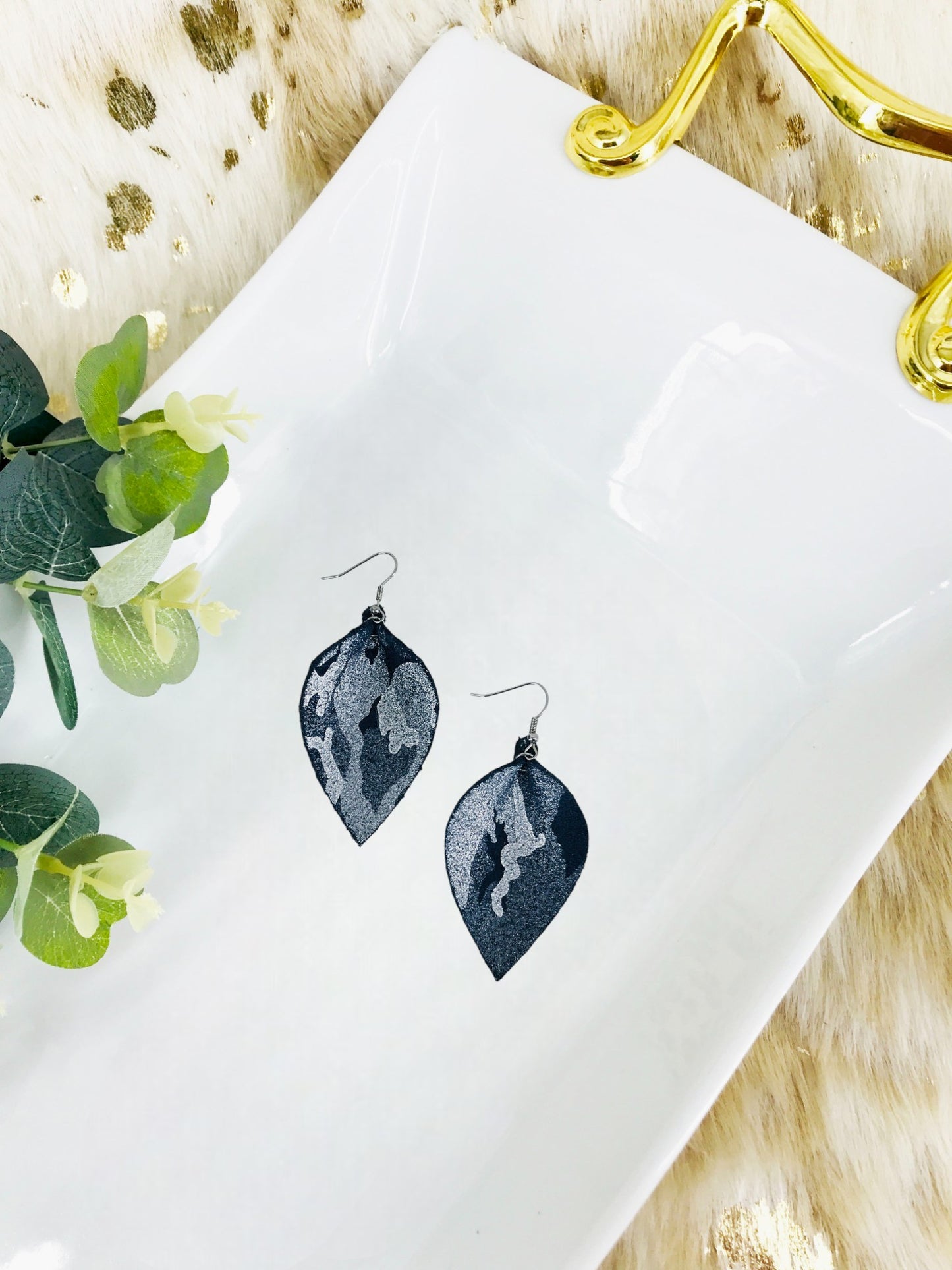 Navy Metallic Camo Leather Earrings - E19-084