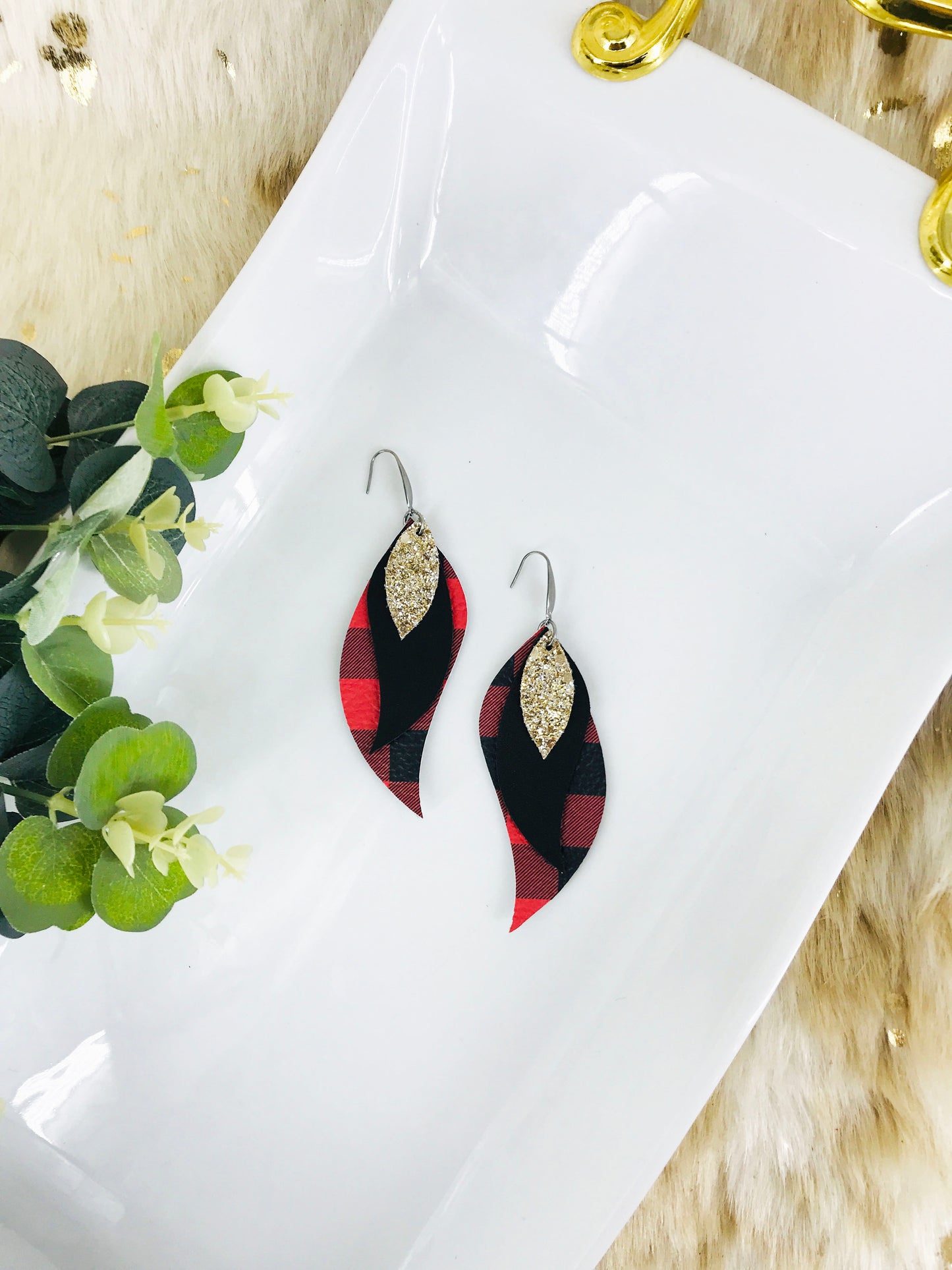 Plaid Leather and Glitter Earrings - E19-1019