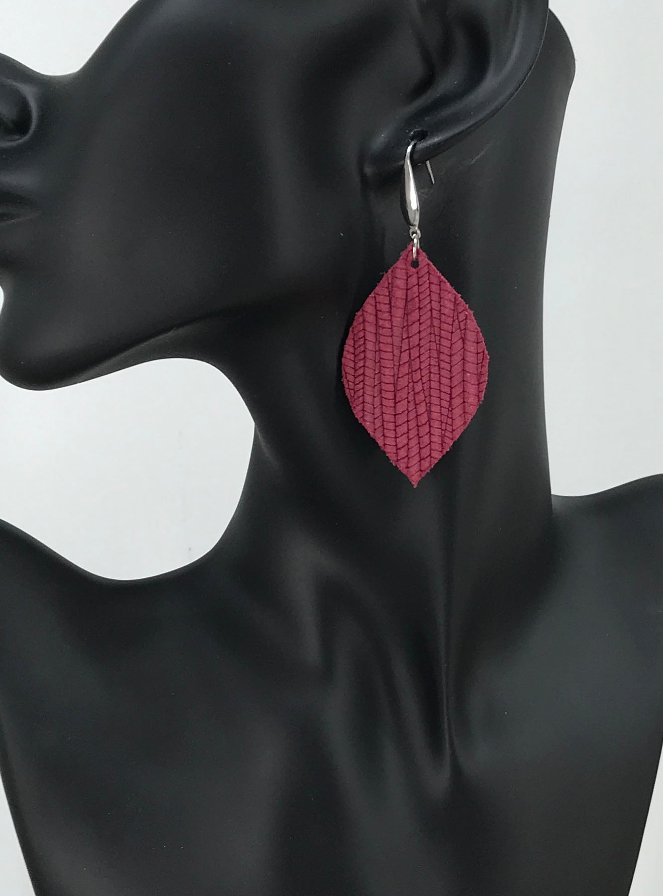 Raspberry Palm Leaf Pointed Leather Earrings
