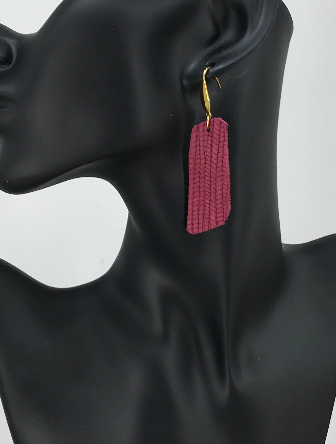 Raspberry Palm Leaf Bar Leather Earrings