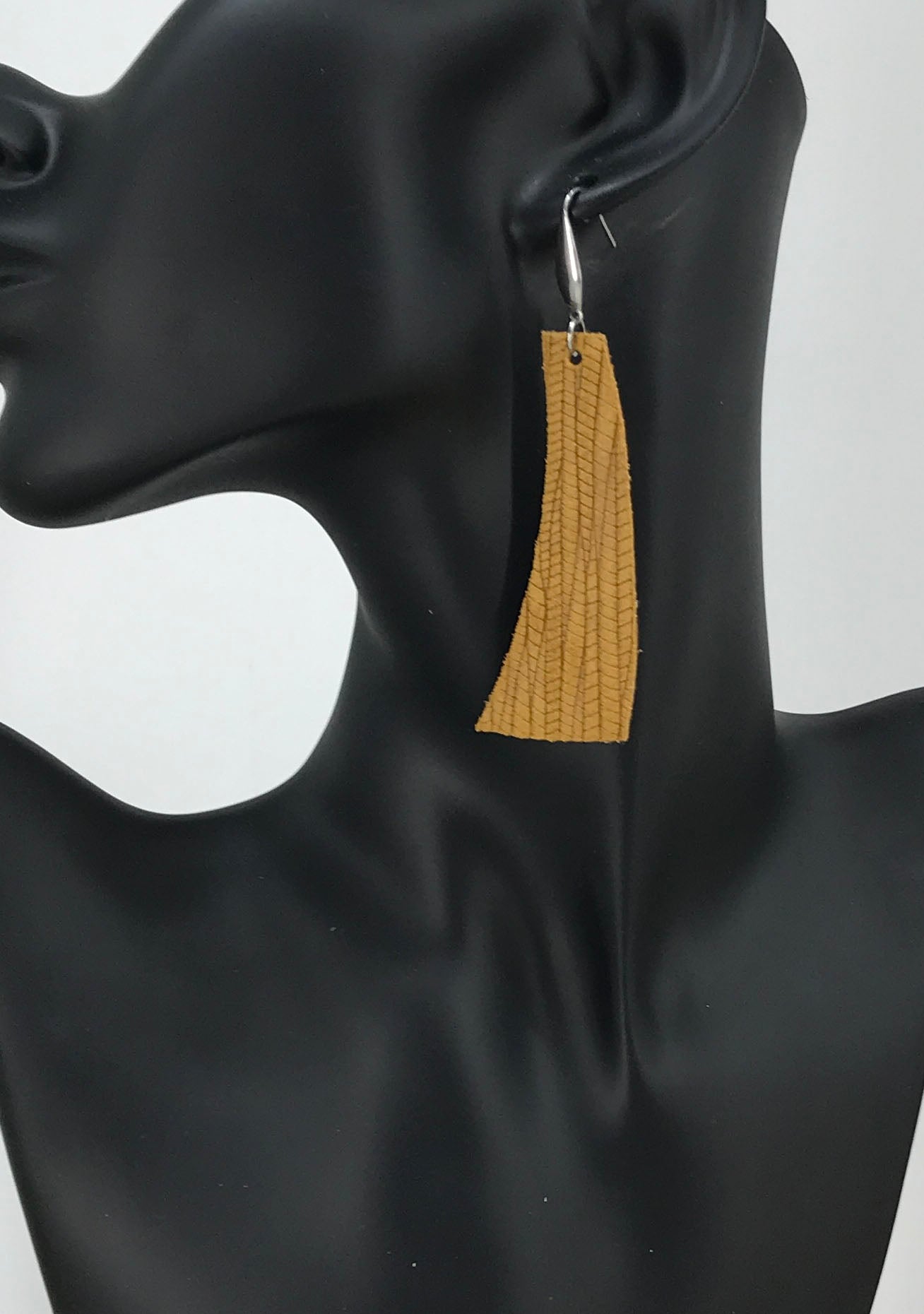 Dijon Mustard Palm Leaf Curved Bar Leather Earrings