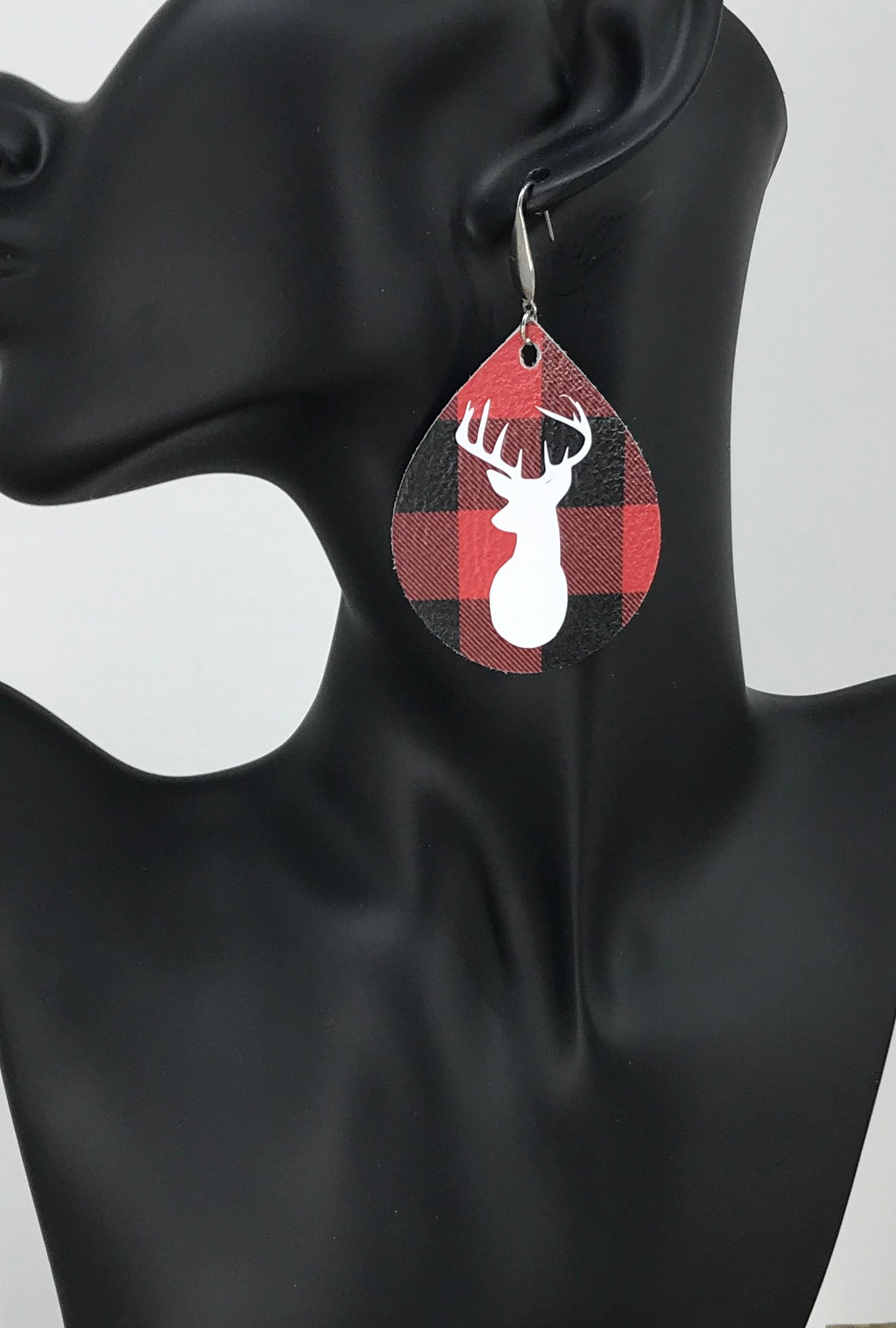 Buffalo Plaid Leather Stag Head Earrings - E19-1069