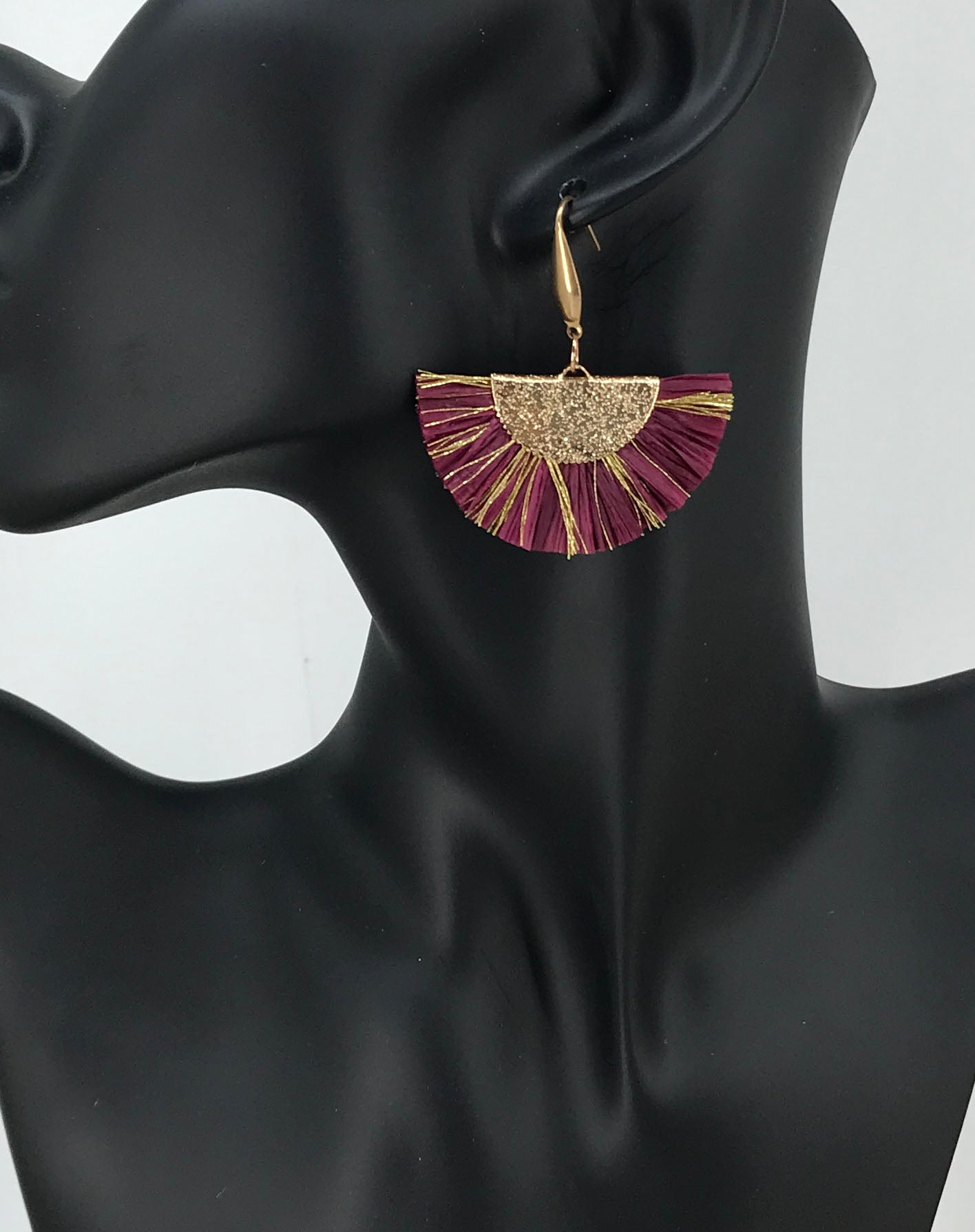 Maroon and Gold Fan Shaped Tassel Earrings - E19-1075