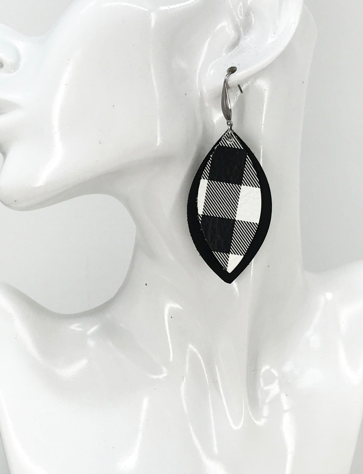 Black Buffalo Plaid Layered Leaf Leather Earrings