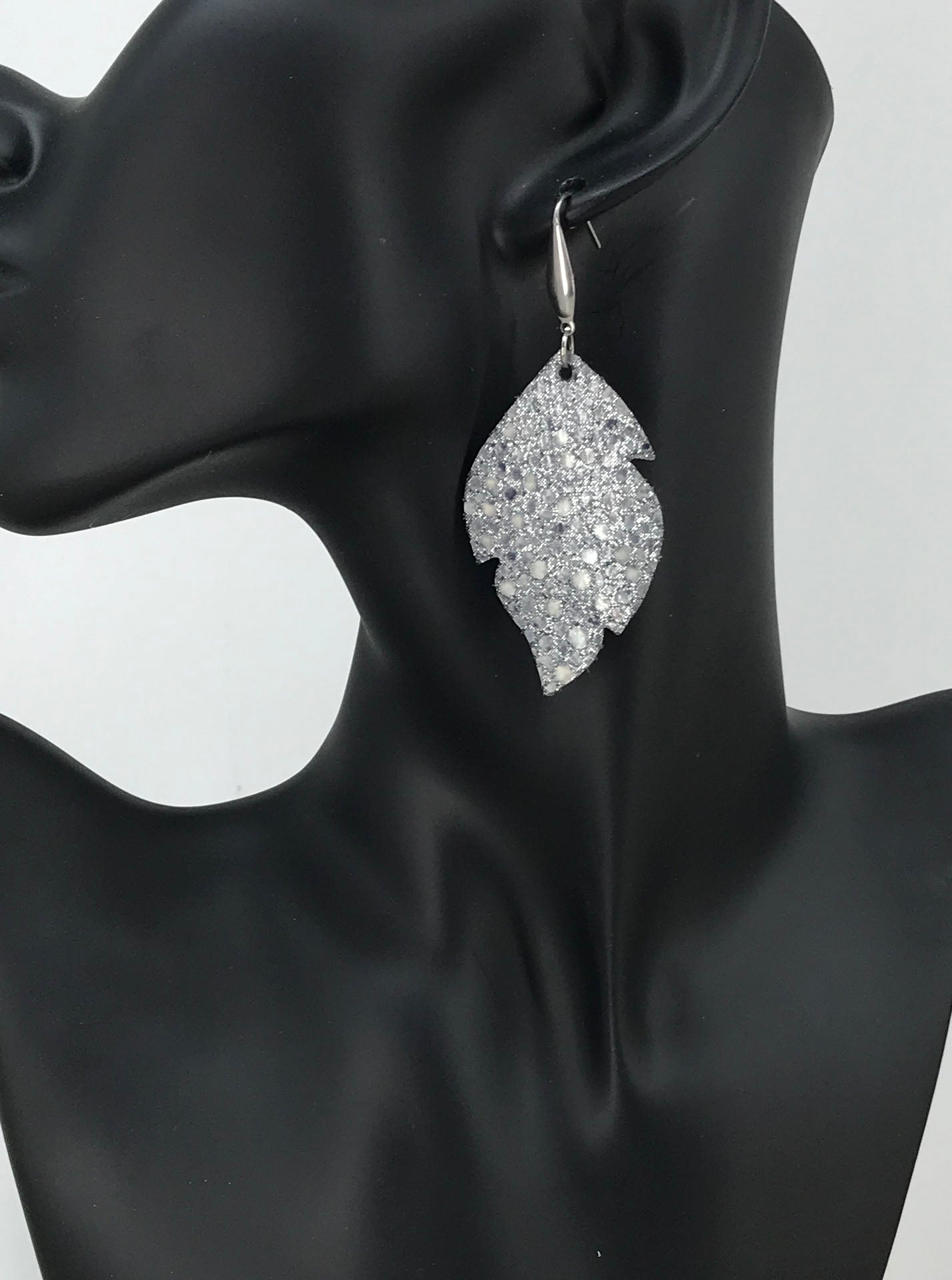 Silver Gray Stingray Curved Leaf Leather Earrings
