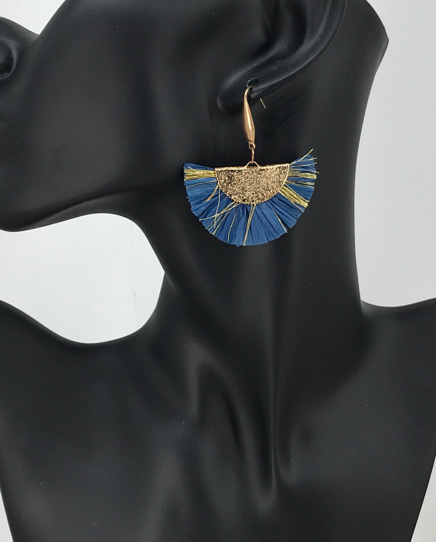 Blue and Gold Fan Shaped Tassel Earrings - E19-1090