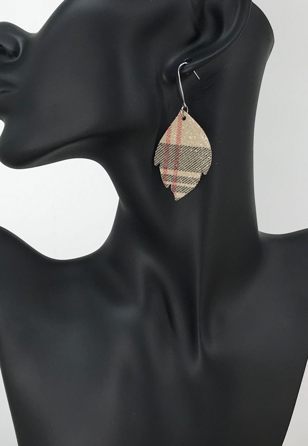 Kool Khaki Plaid Scalloped Leaf Leather Earrings