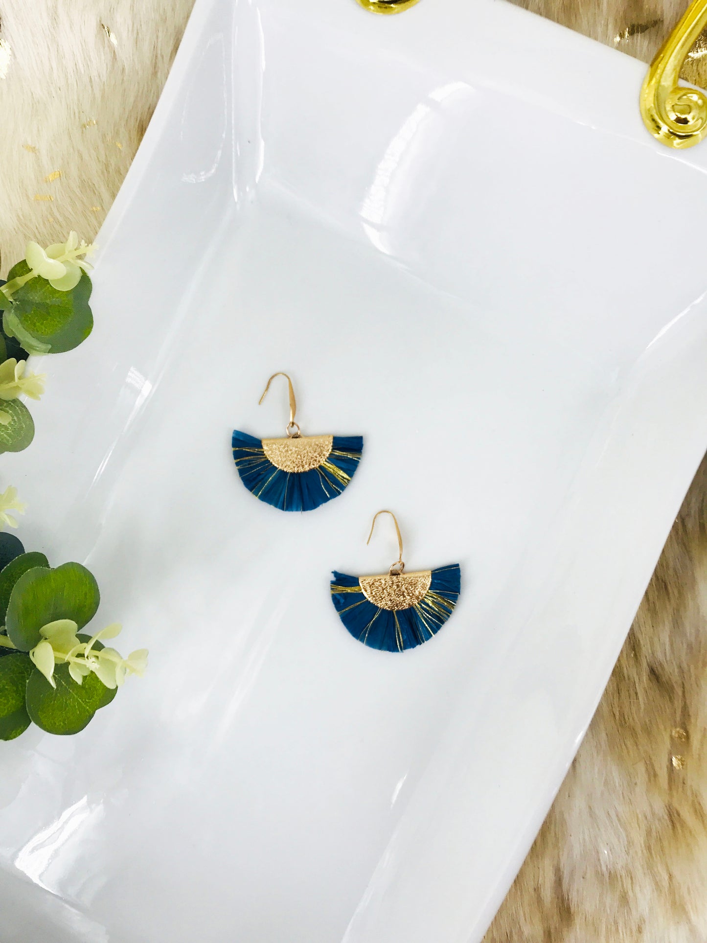 Navy and Gold Fan Shaped Tassel Earrings - E19-1128
