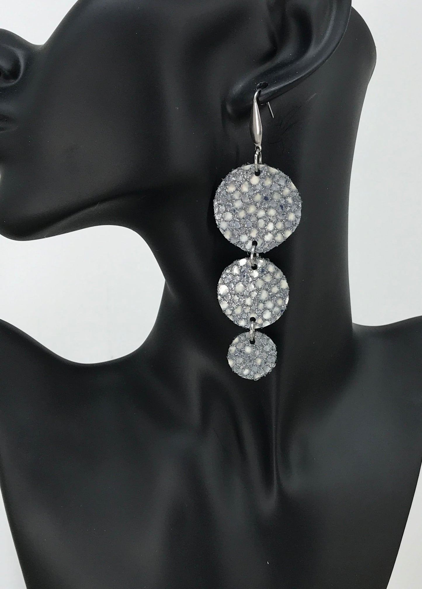 Silver Gray Stingray Triple Circle Leather Earrings