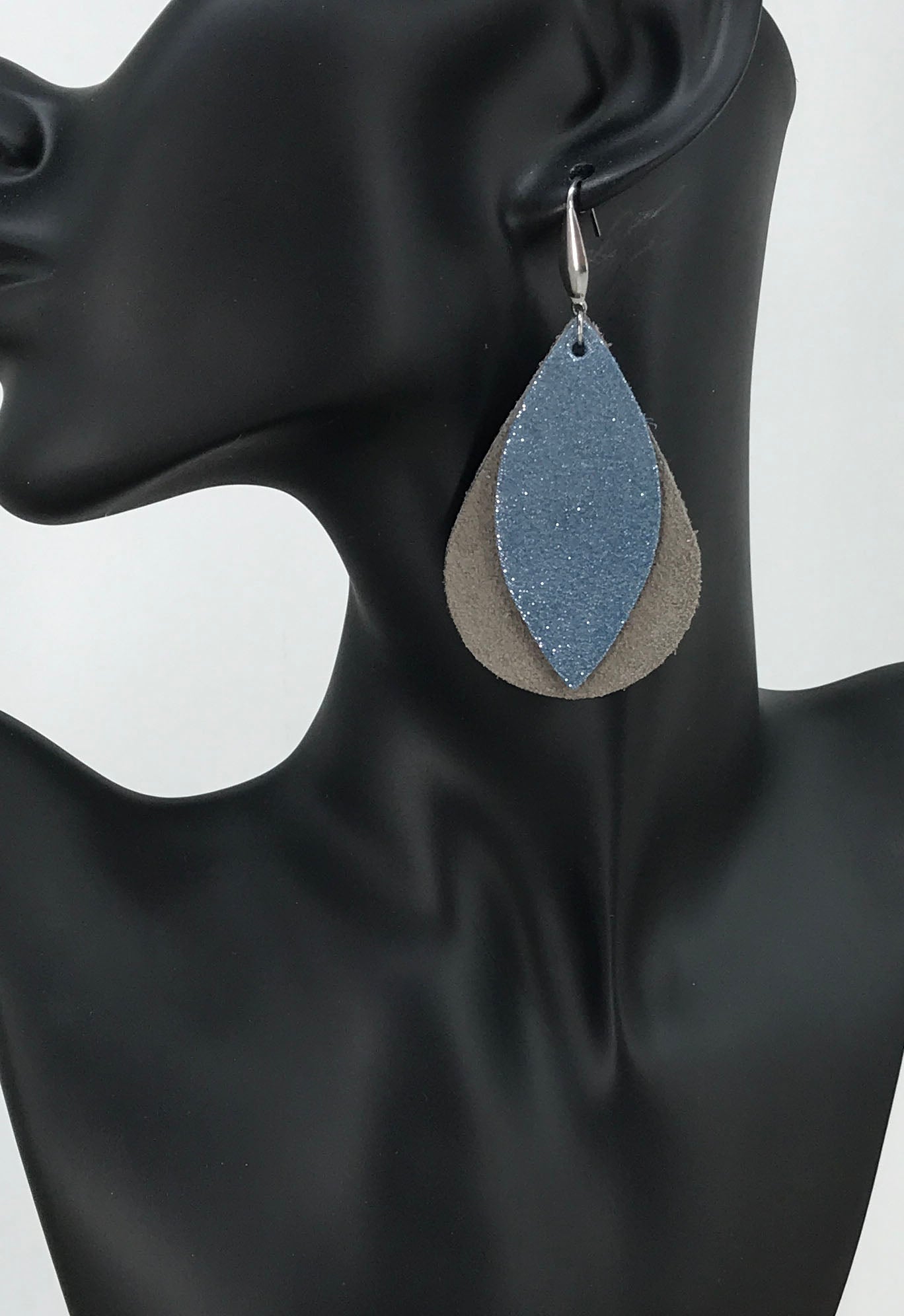Gray Iceberg Dazzle Layered Leather Earrings