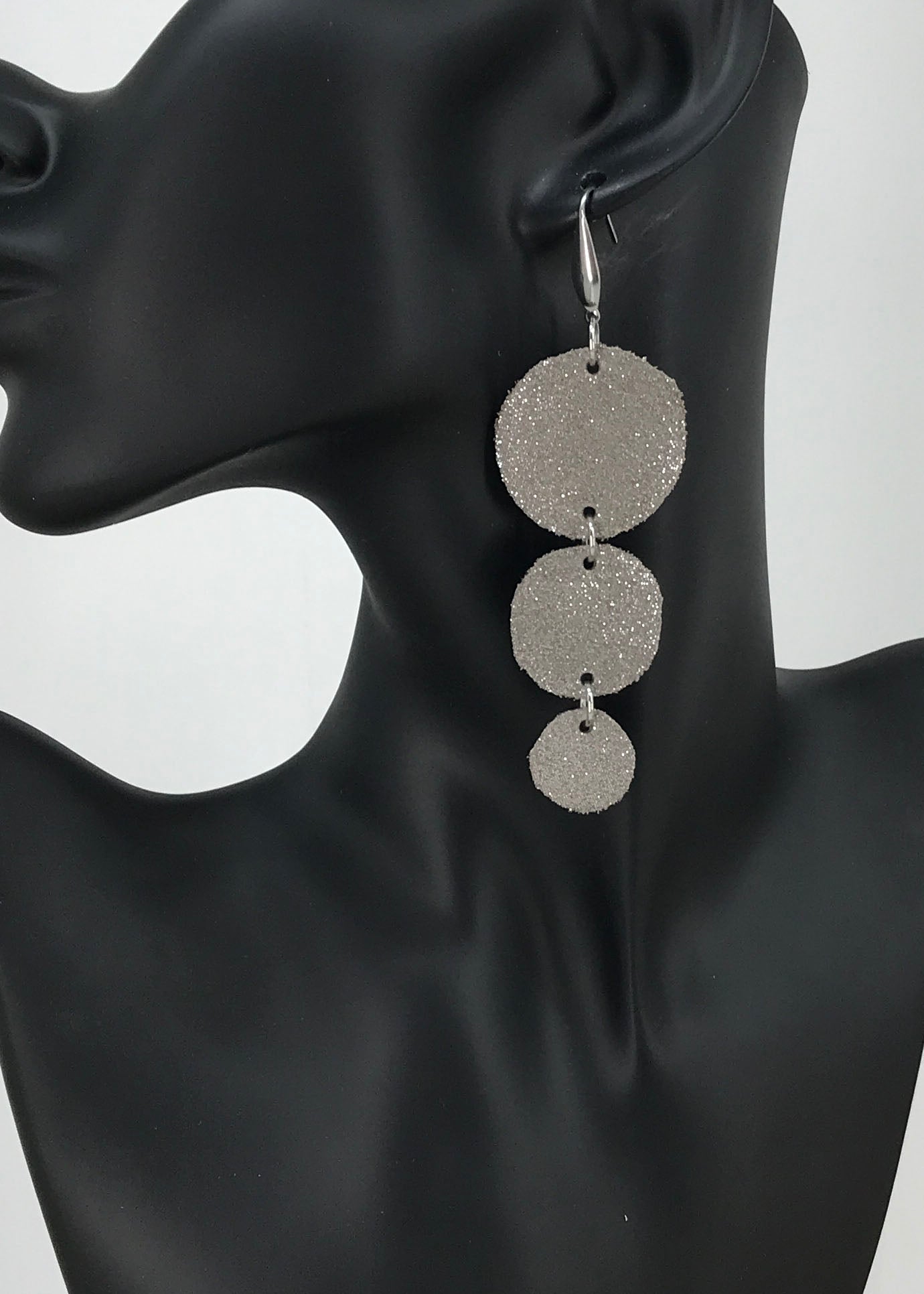 Taupe Dazzle Triple Circle Leather Earrings