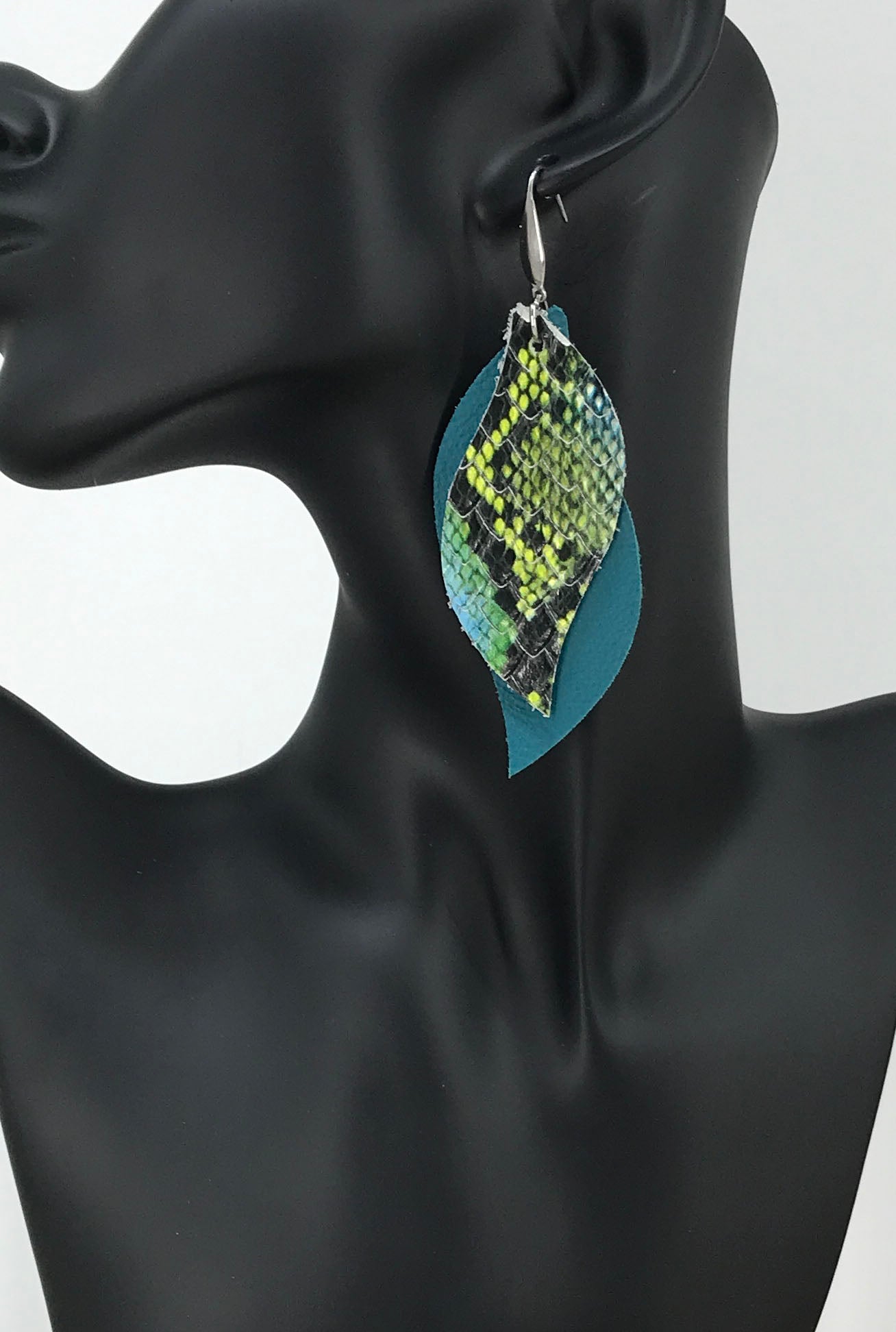 Dark Turquoise Blue Green Snake Layered Leather Earrings