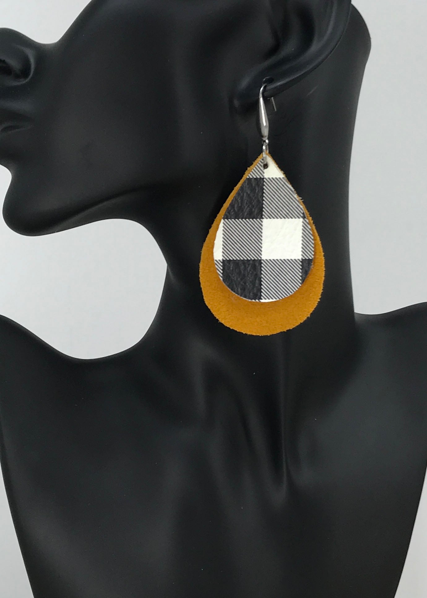 Mustard Buffalo Plaid Teardrop Leather Earrings