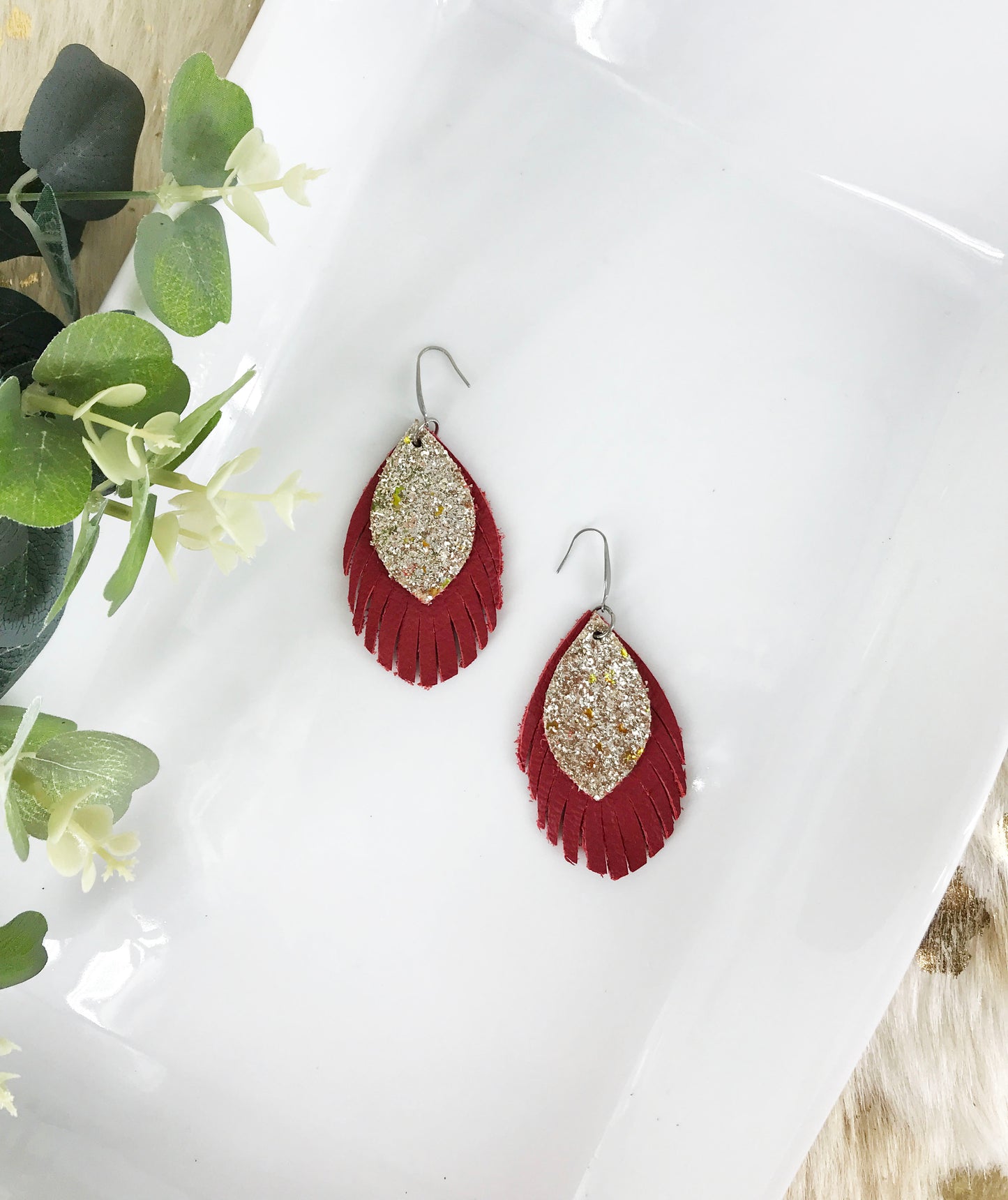 Red and Gold Glitter Genuine Leather Earrings - E19-1149