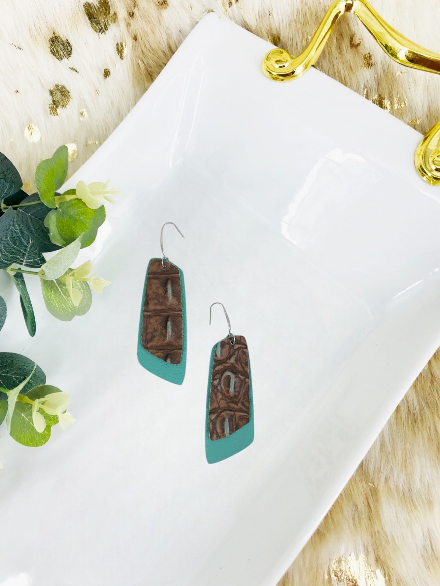 Aqua Leather and Turquoise Crocodile Leather Earrings - E19-1154