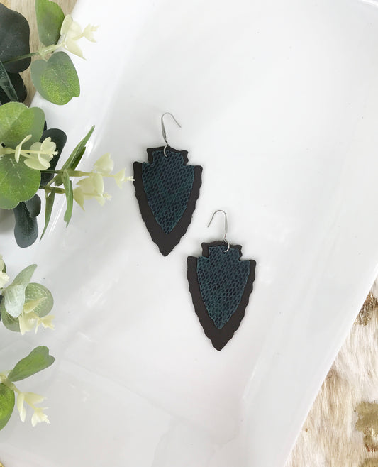 Genuine Brown Leather and Teal Snake Leather Earrings - E19-1160