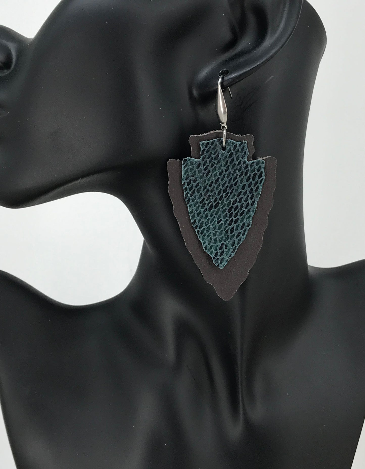 Genuine Brown Leather and Teal Snake Leather Earrings - E19-1160