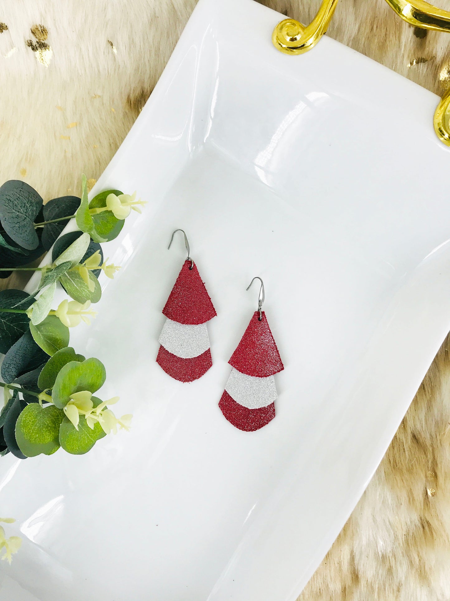 Crimson and Silver Dazzle Leather Earrings - E19-1164