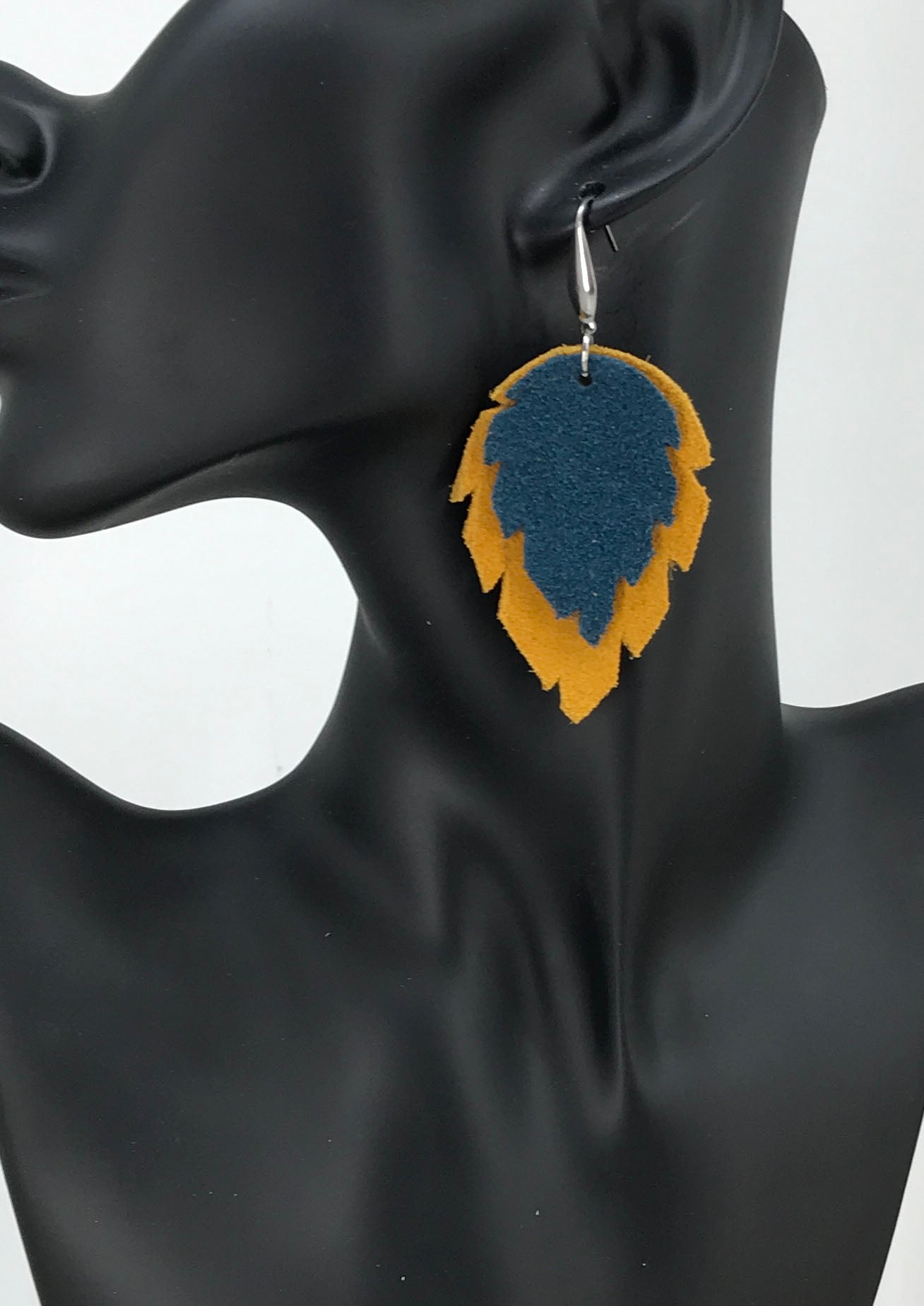 Mustard and Teal Layered Leaf Leather Earrings