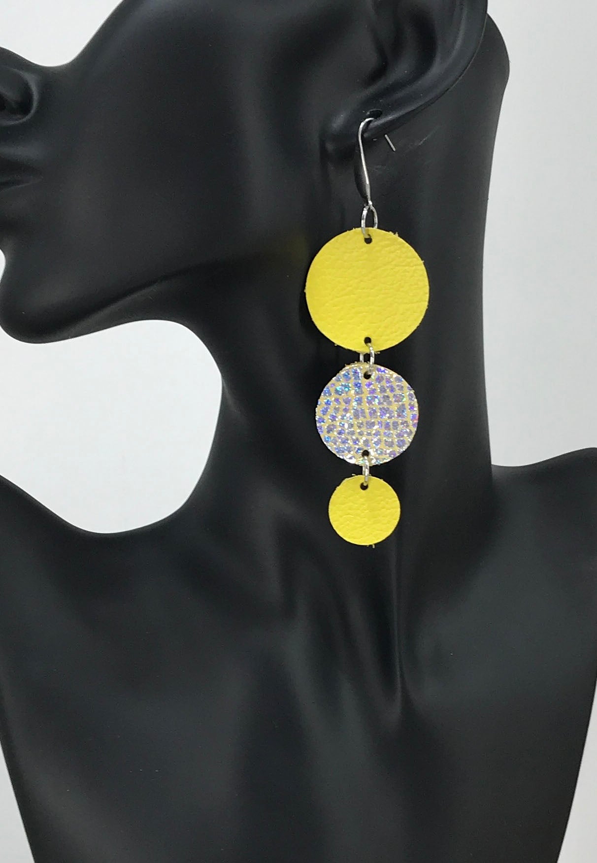 Canary Yellow Iridescent Triple Circle Leather Earrings