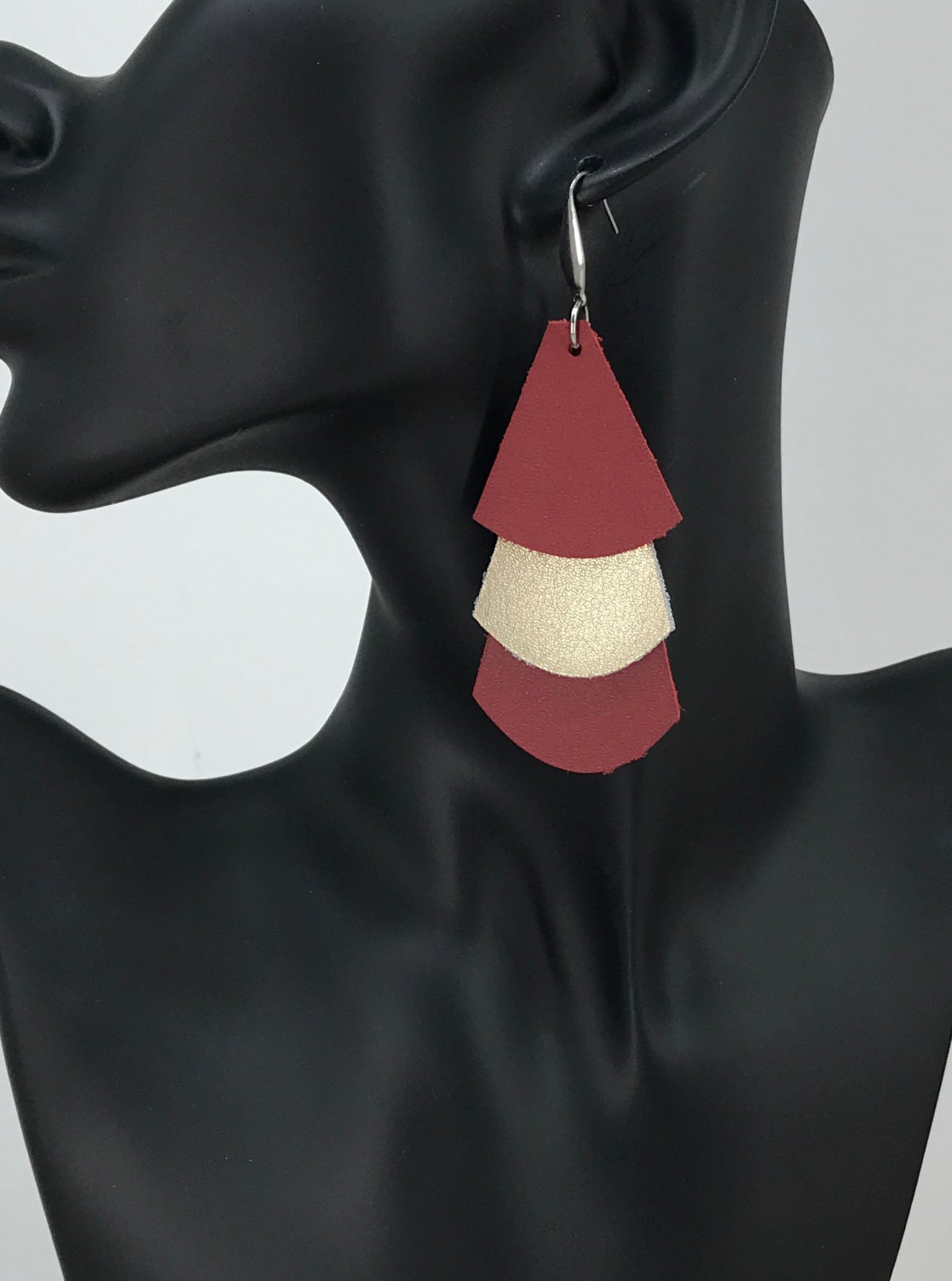 Cranberry & Gold Layered Scallop Leather Earrings