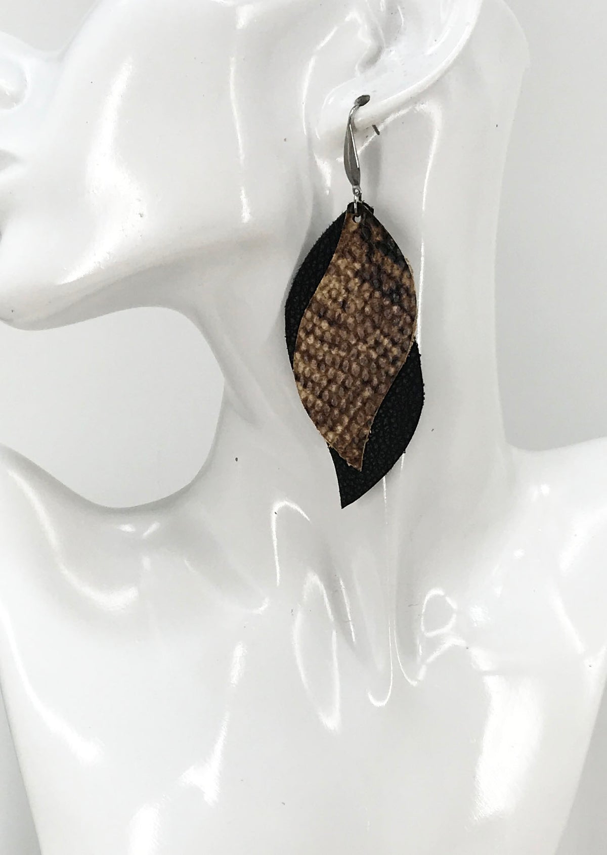 Black and Latte Snake Layered Leather Earrings