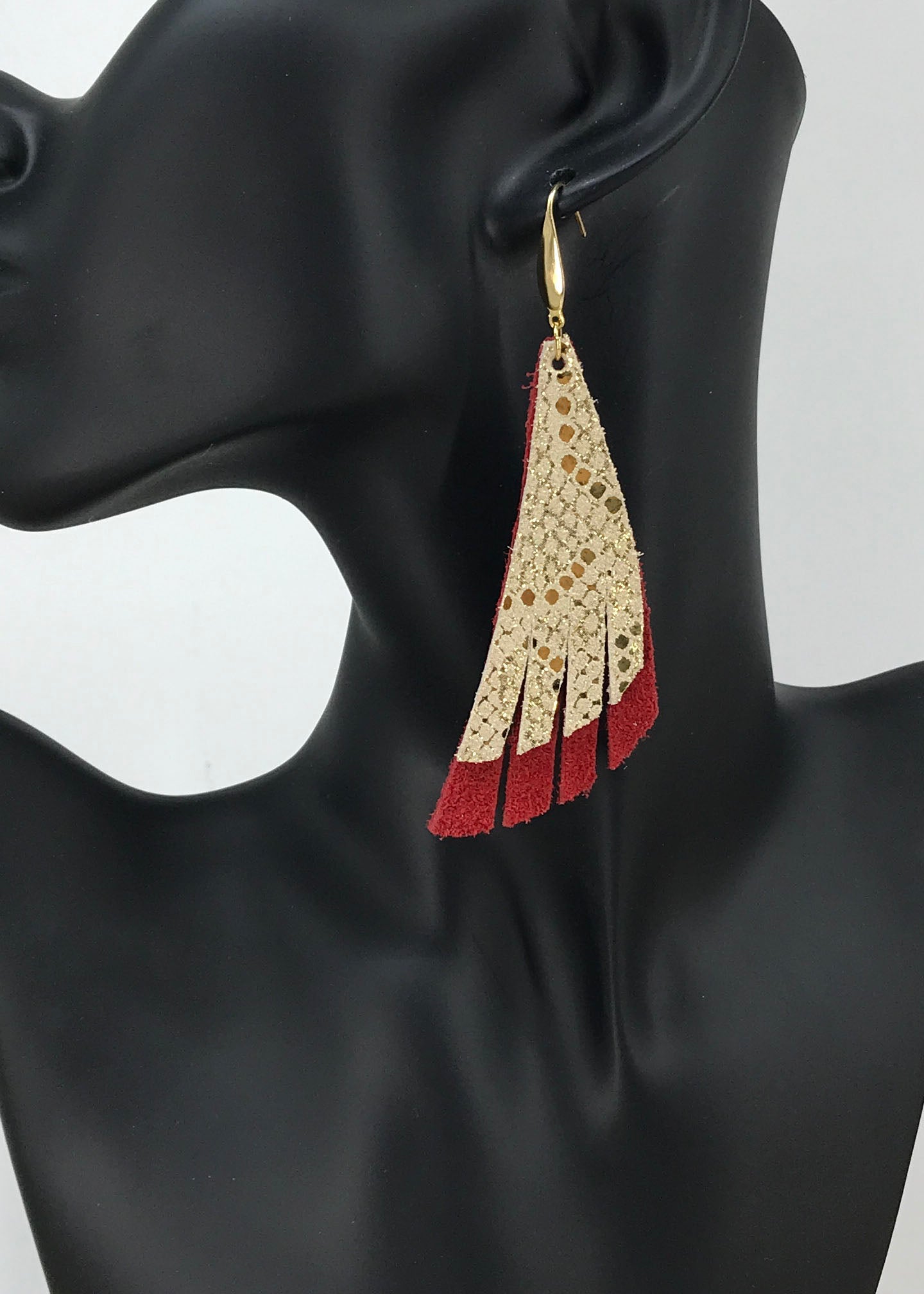 Red Suede Mystic Gold Fringe Leather Earrings