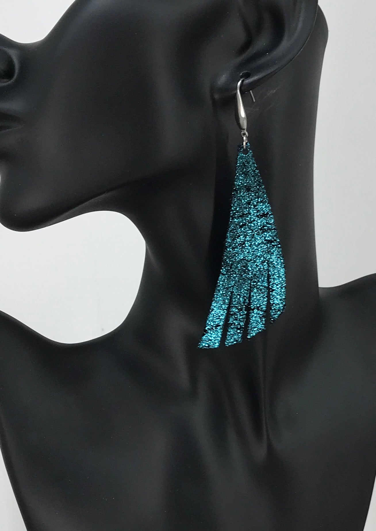 Light Turquoise Blue on Black Leather Earrings - E19-1208