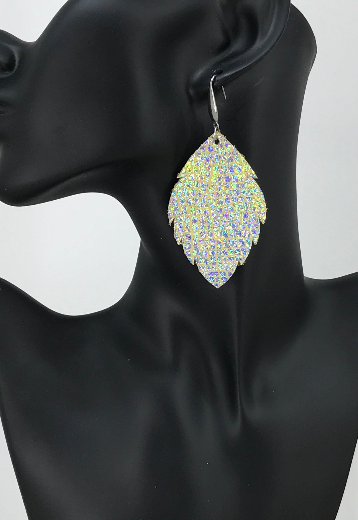 Silver Halo Iridescent Scalloped Leaf Leather Earrings