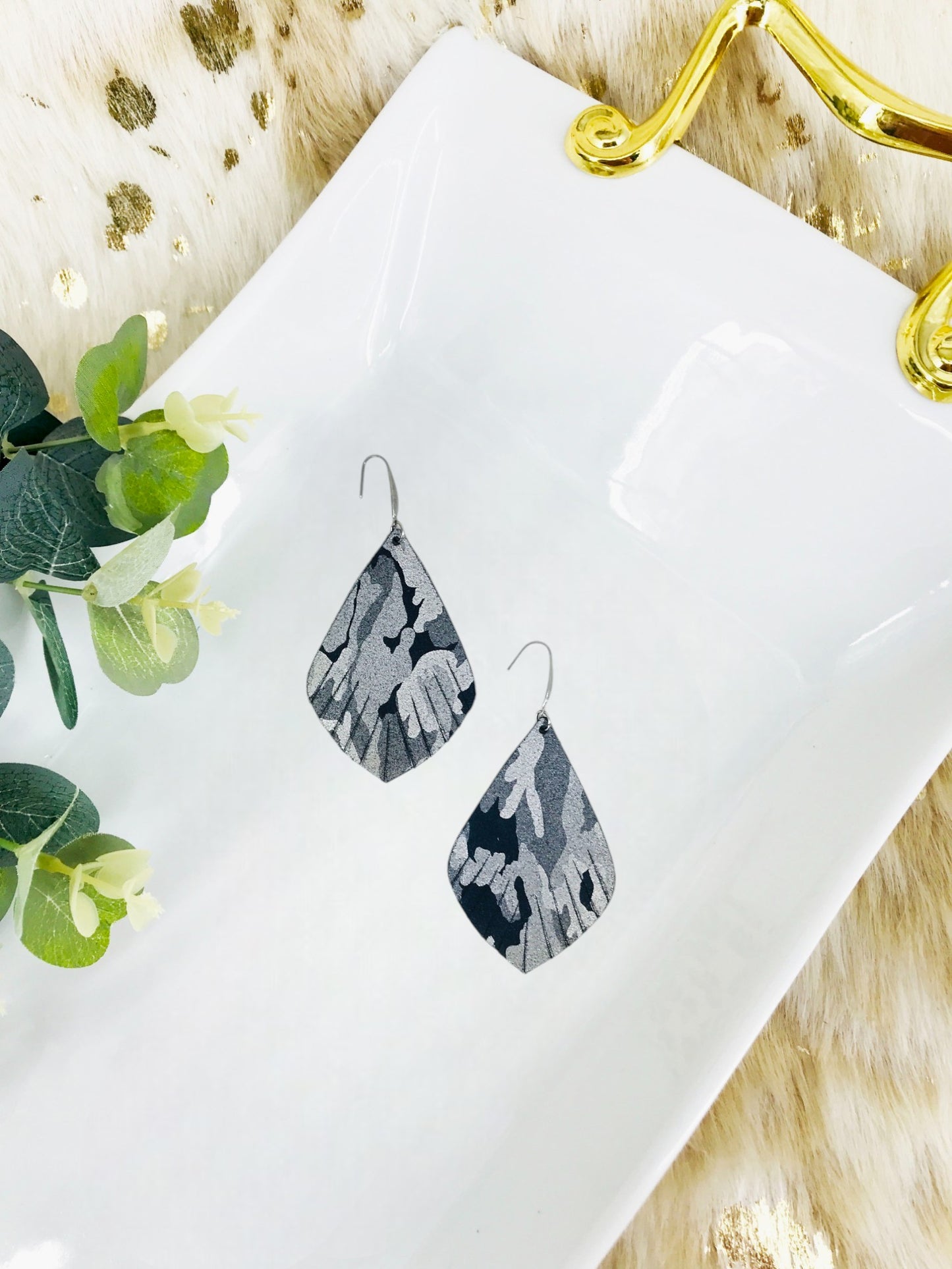 Navy Metallic Camo Leather Earrings - E19-1239