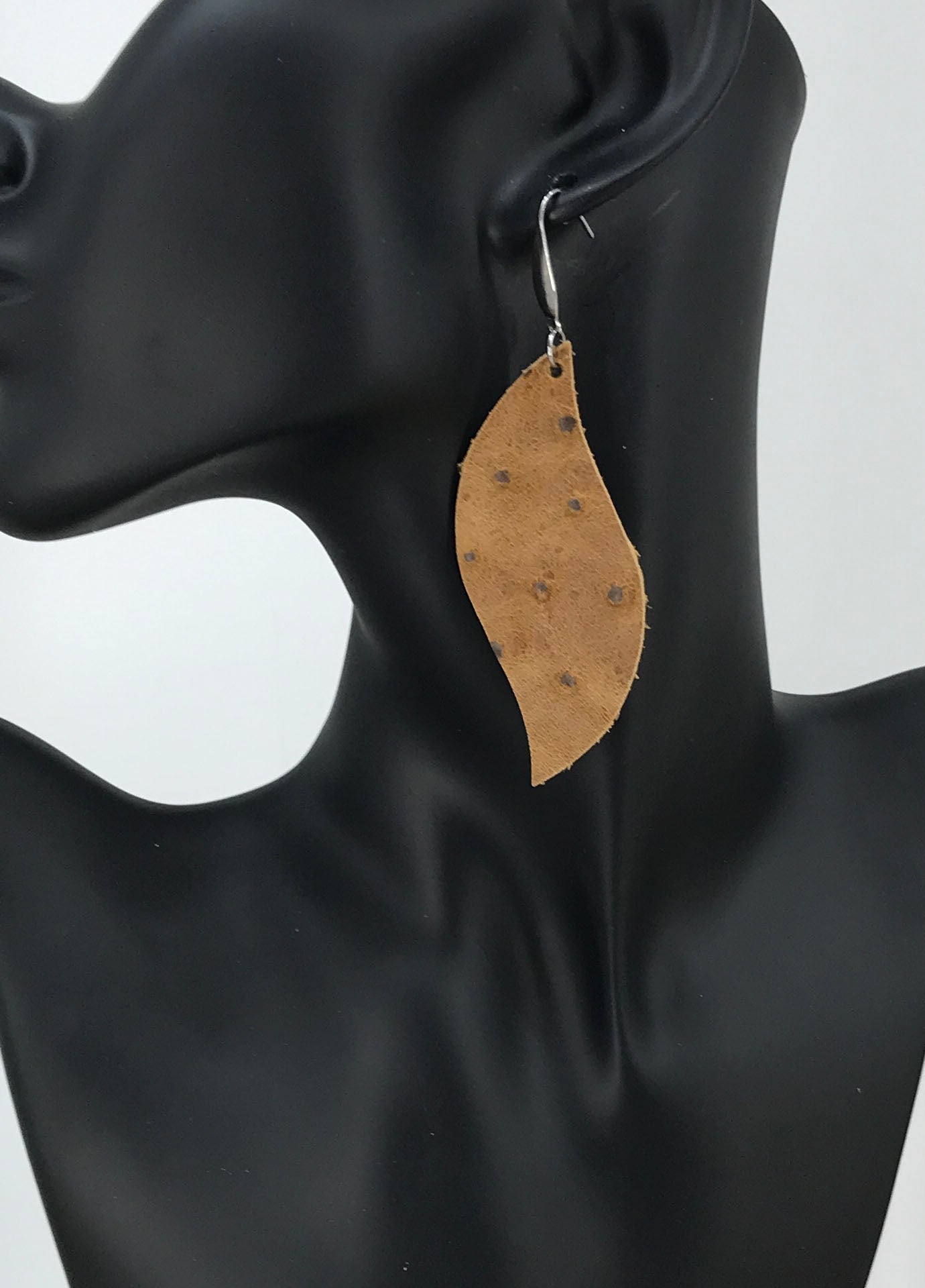 Pecan Rustic Ostrich Curved Leaf Leather Earrings