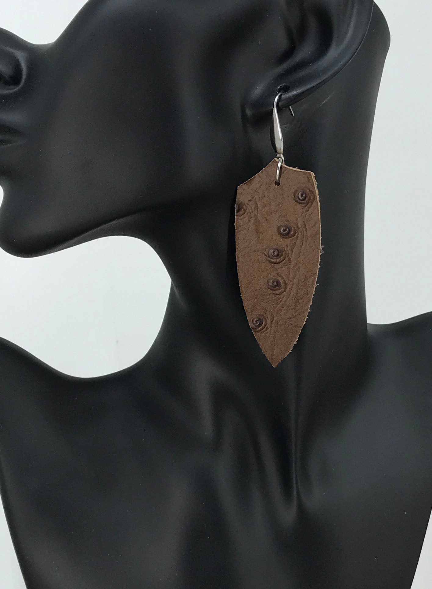 Dirty Brown Ostrich Angled Leaf Leather Earrings