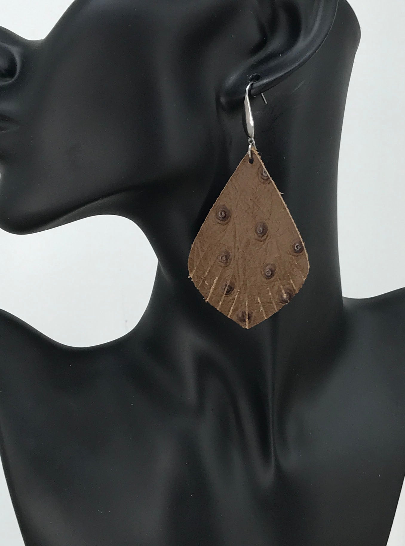 Dirty Brown Ostrich Embossed Teardrop Leather Earrings