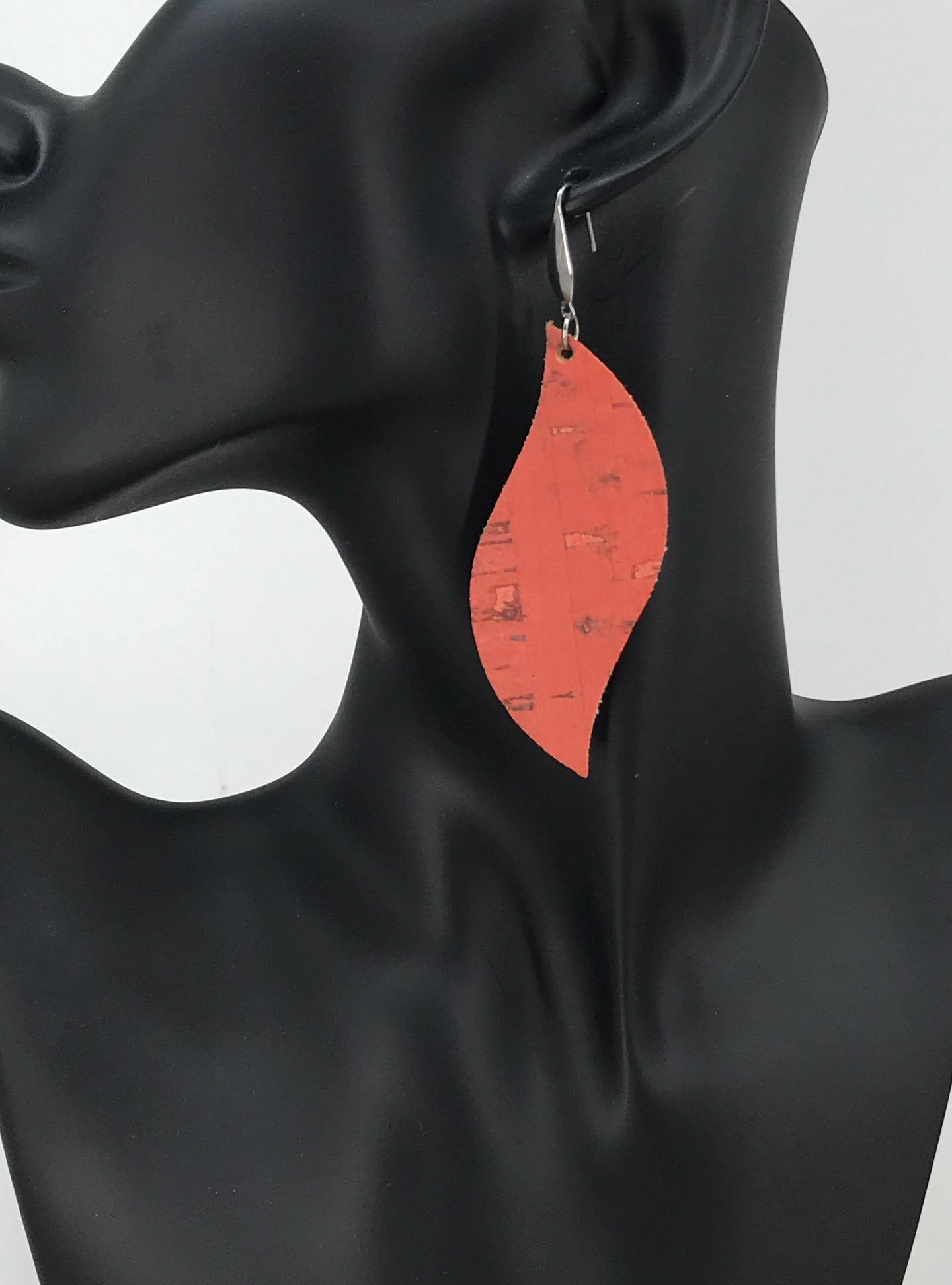 Salmon Cork Curved Leaf Leather Earrings