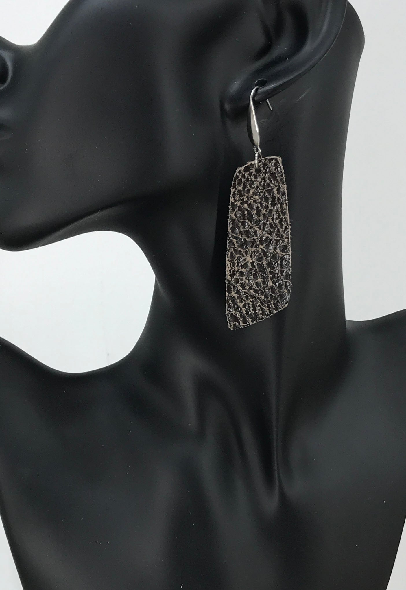 Distressed Vintage Gray Angled Bar Leather Earrings