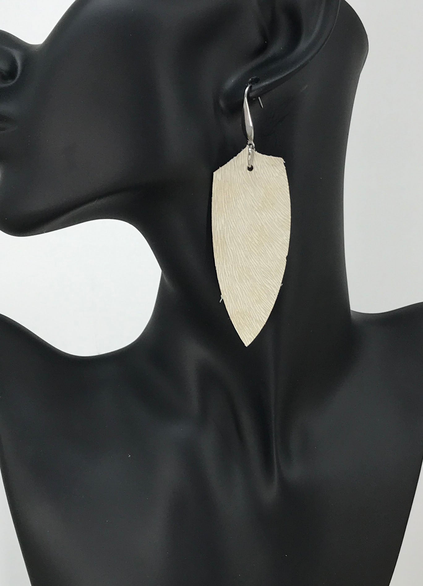 Natural Hair On Slim Leaf Leather Earrings