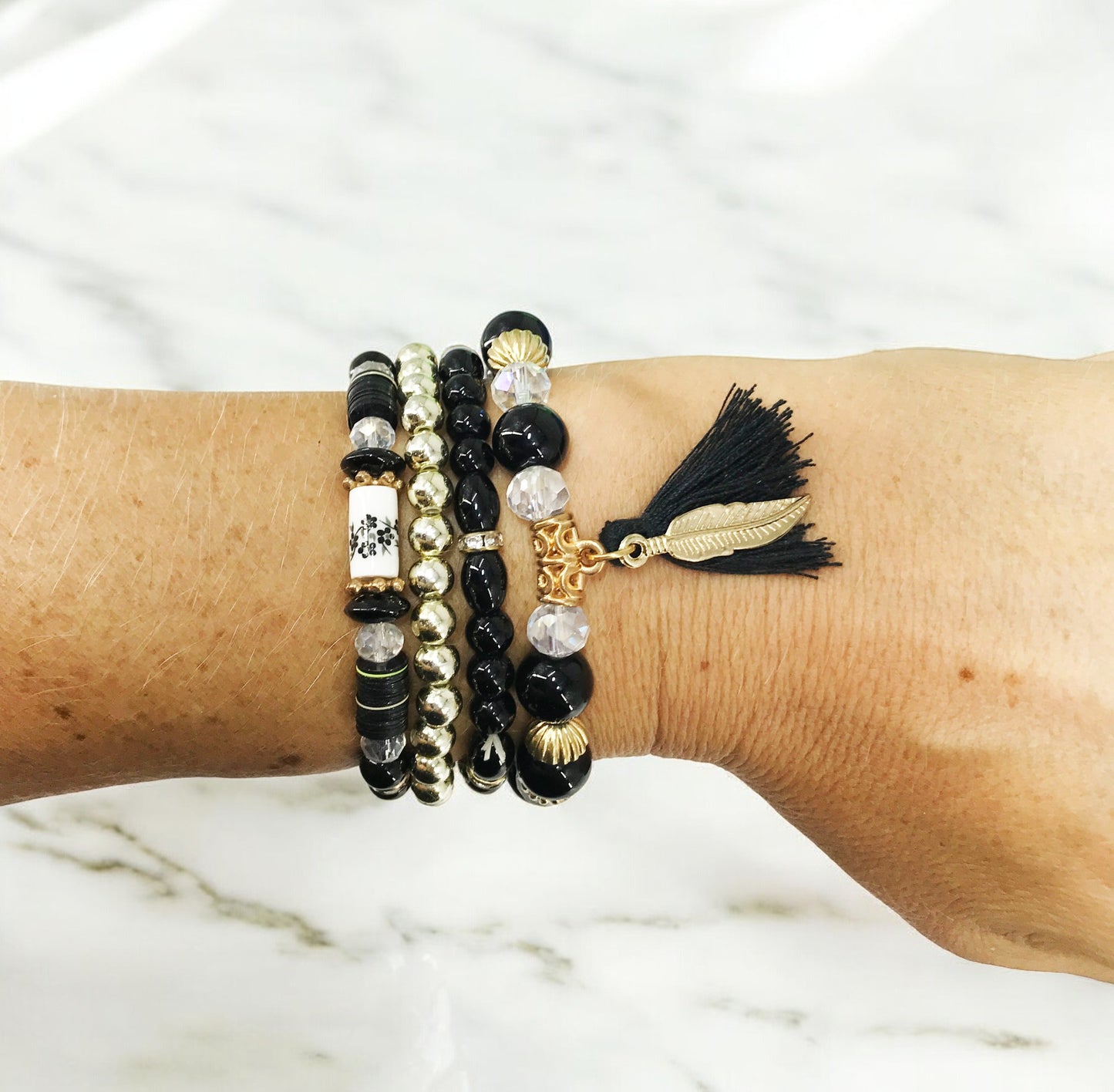 Black Tassel Multi-Layered Stack Bracelet Set