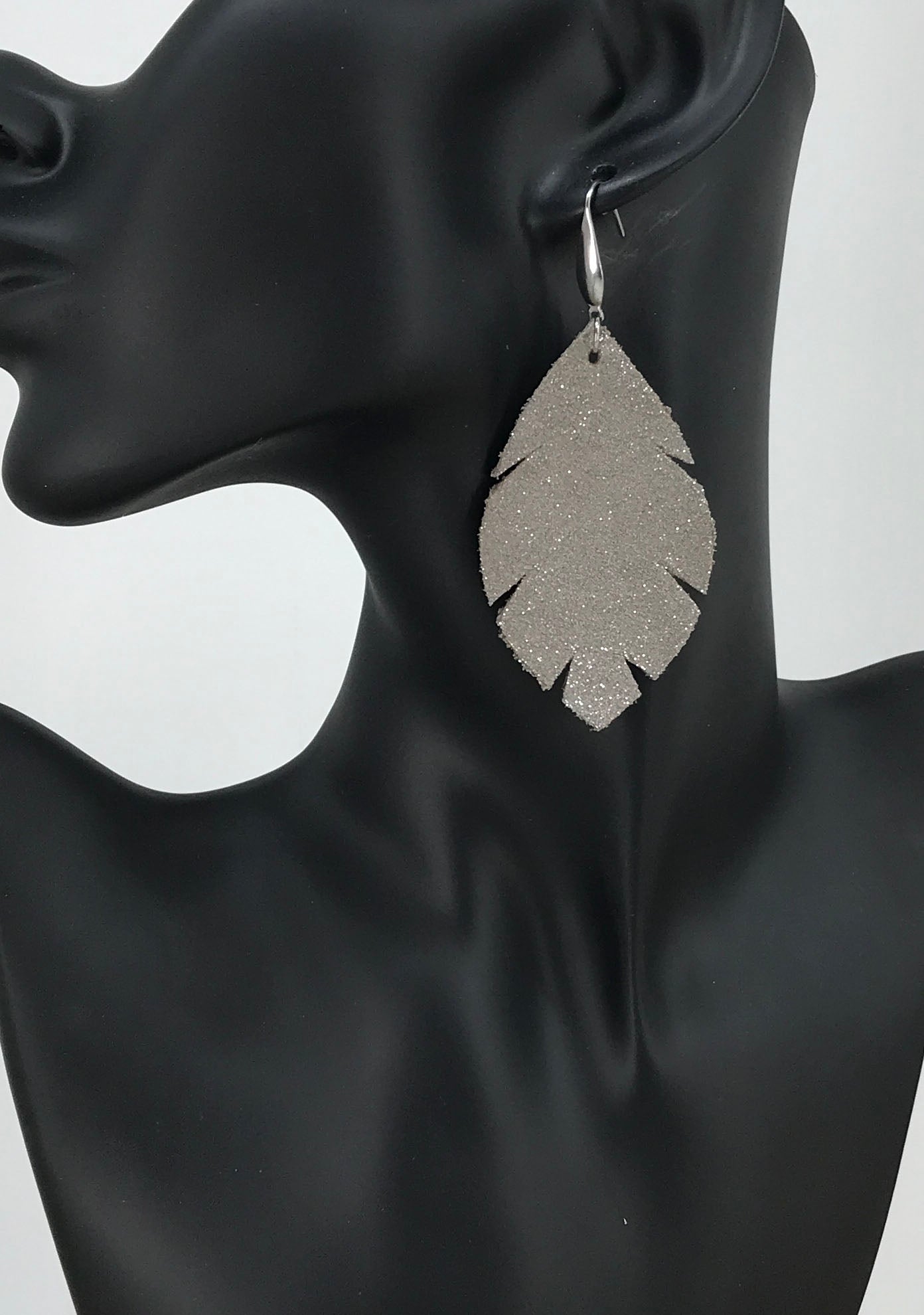 Taupe Dazzle Scalloped Leaf Leather Earrings