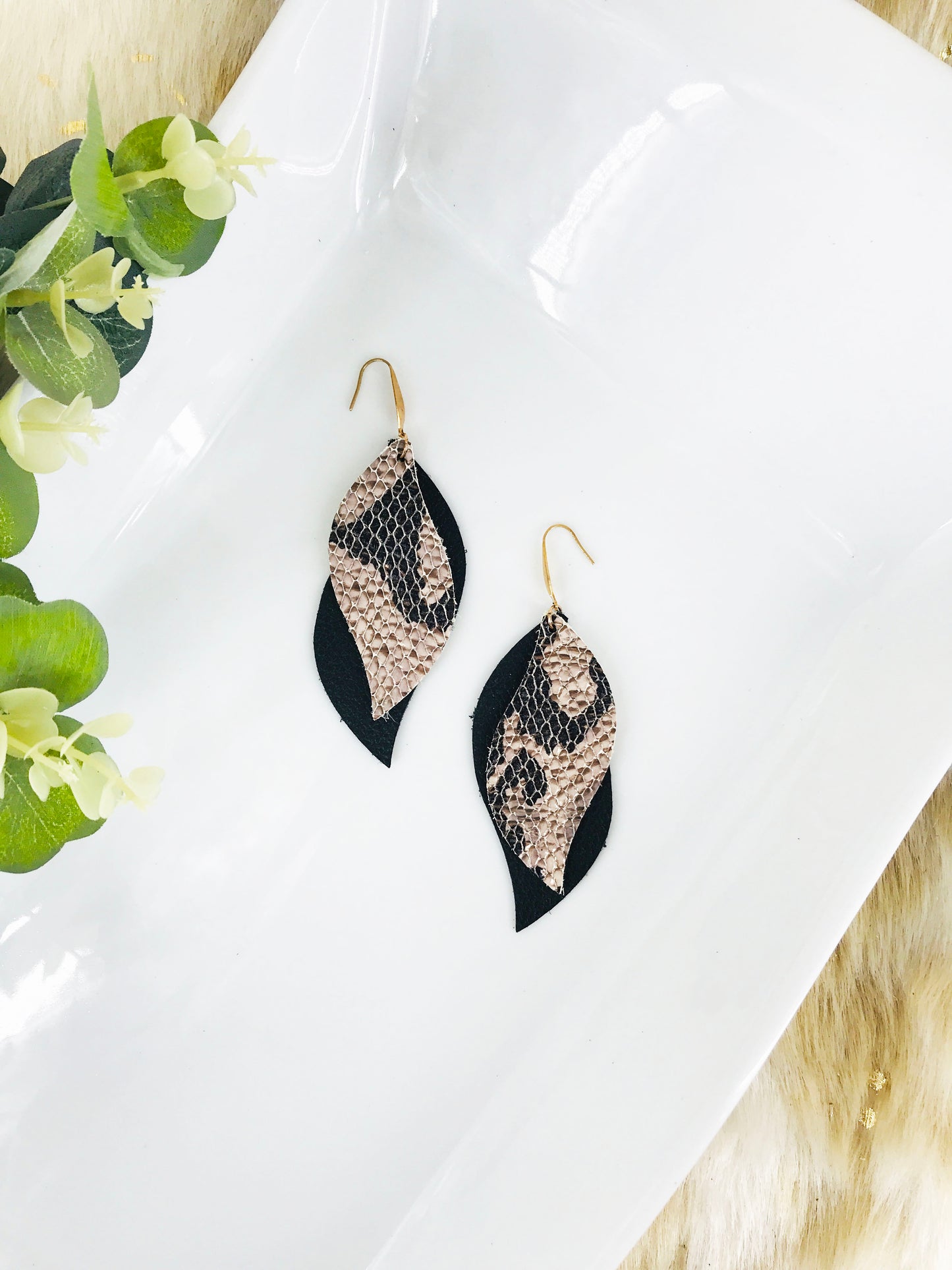 Metallic Leather Snake Skin and Black Leather Earrings - E19-1292