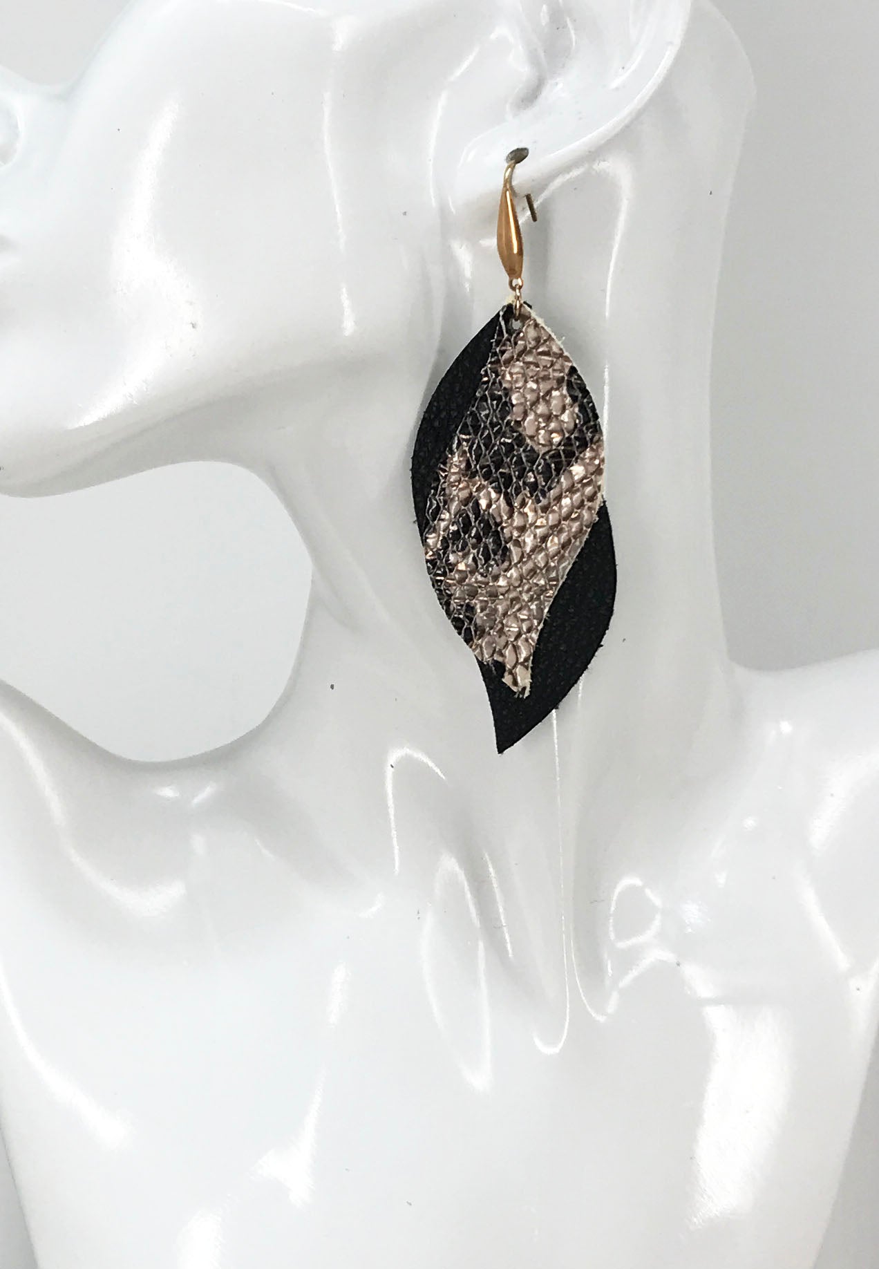 Taupe Copper Snake Layered Leather Earrings