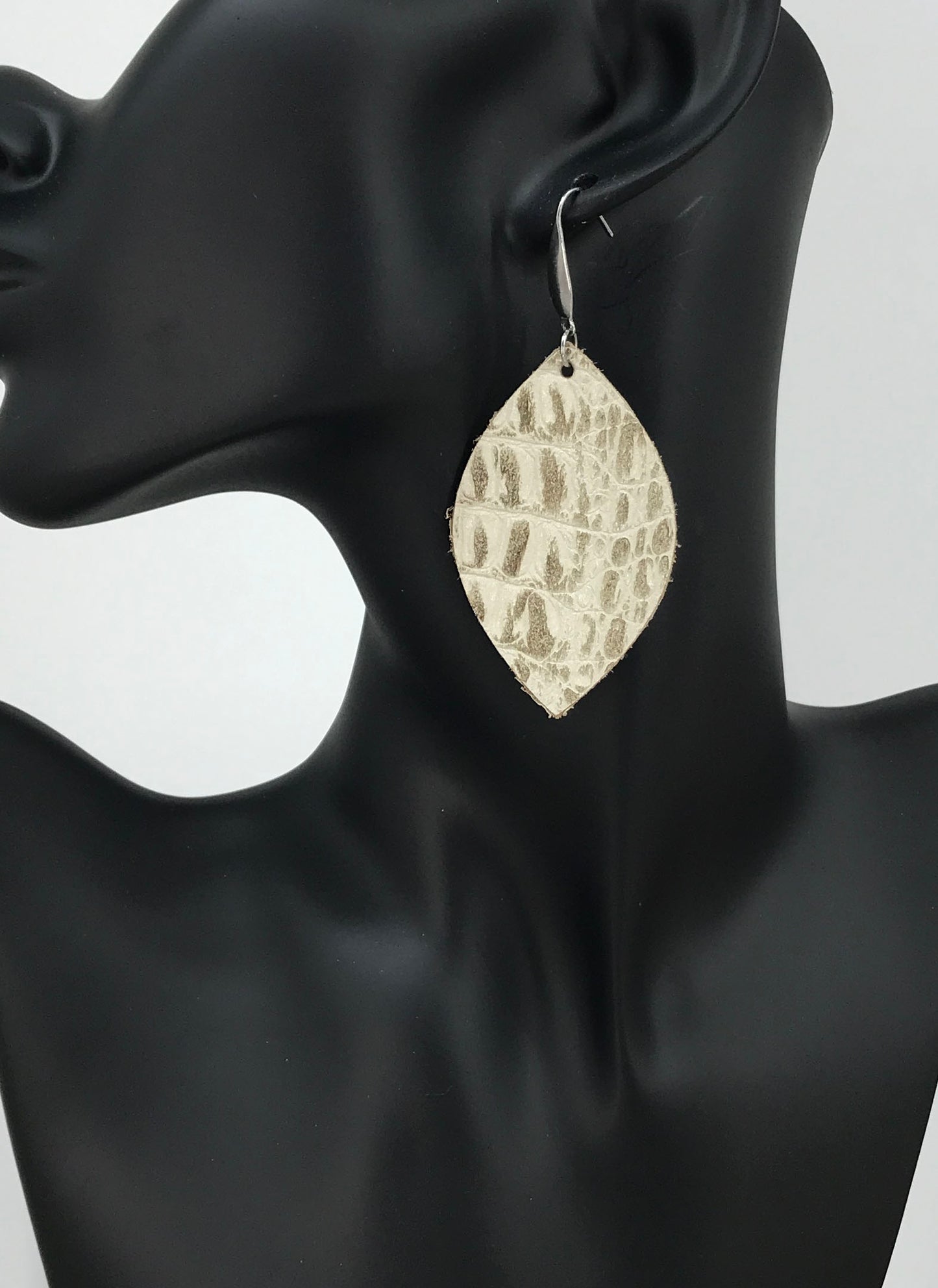 Beige Croc Leaf Drop Earrings