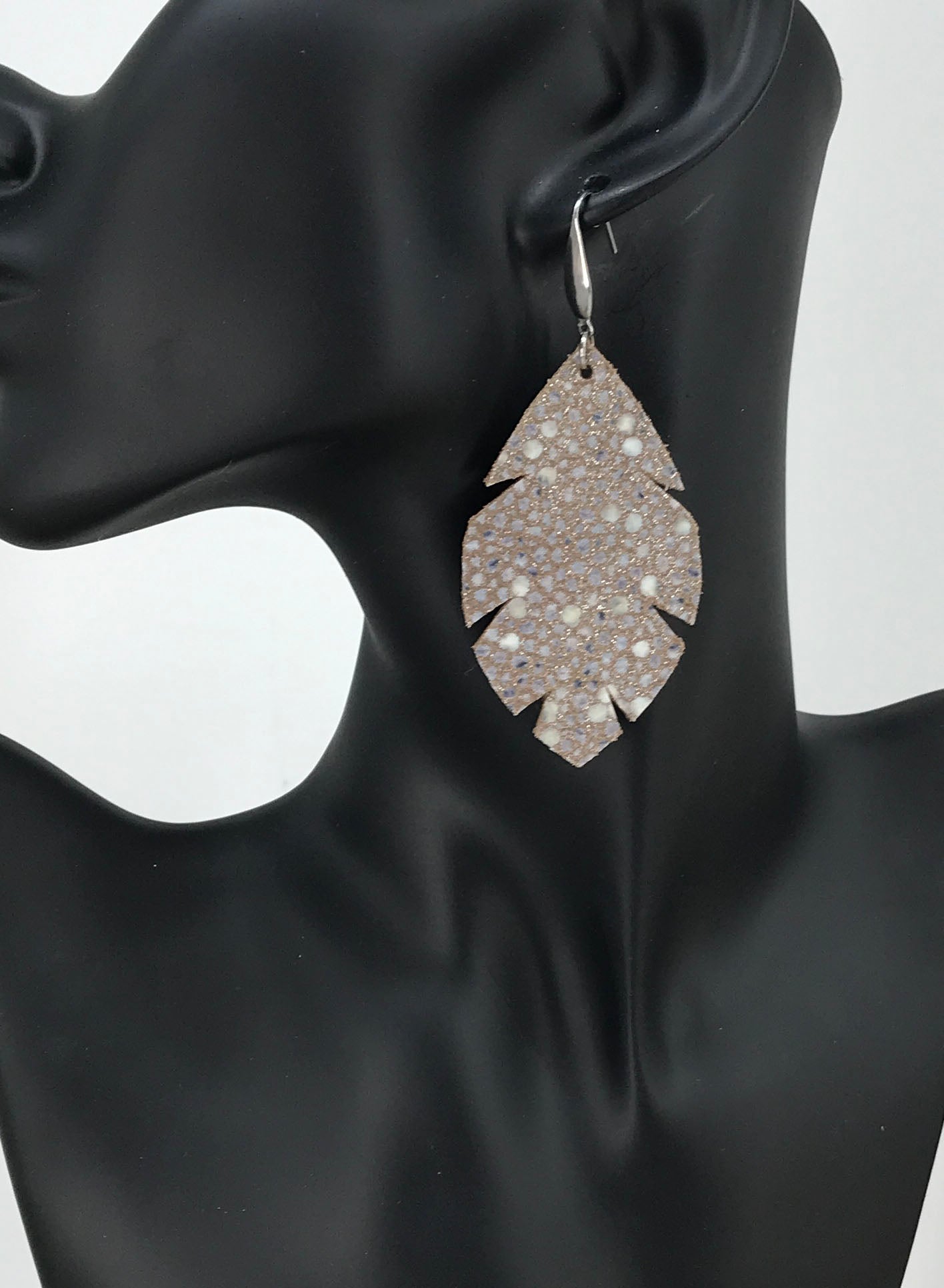 Taupe Stingray Scalloped Leaf Leather Earrings
