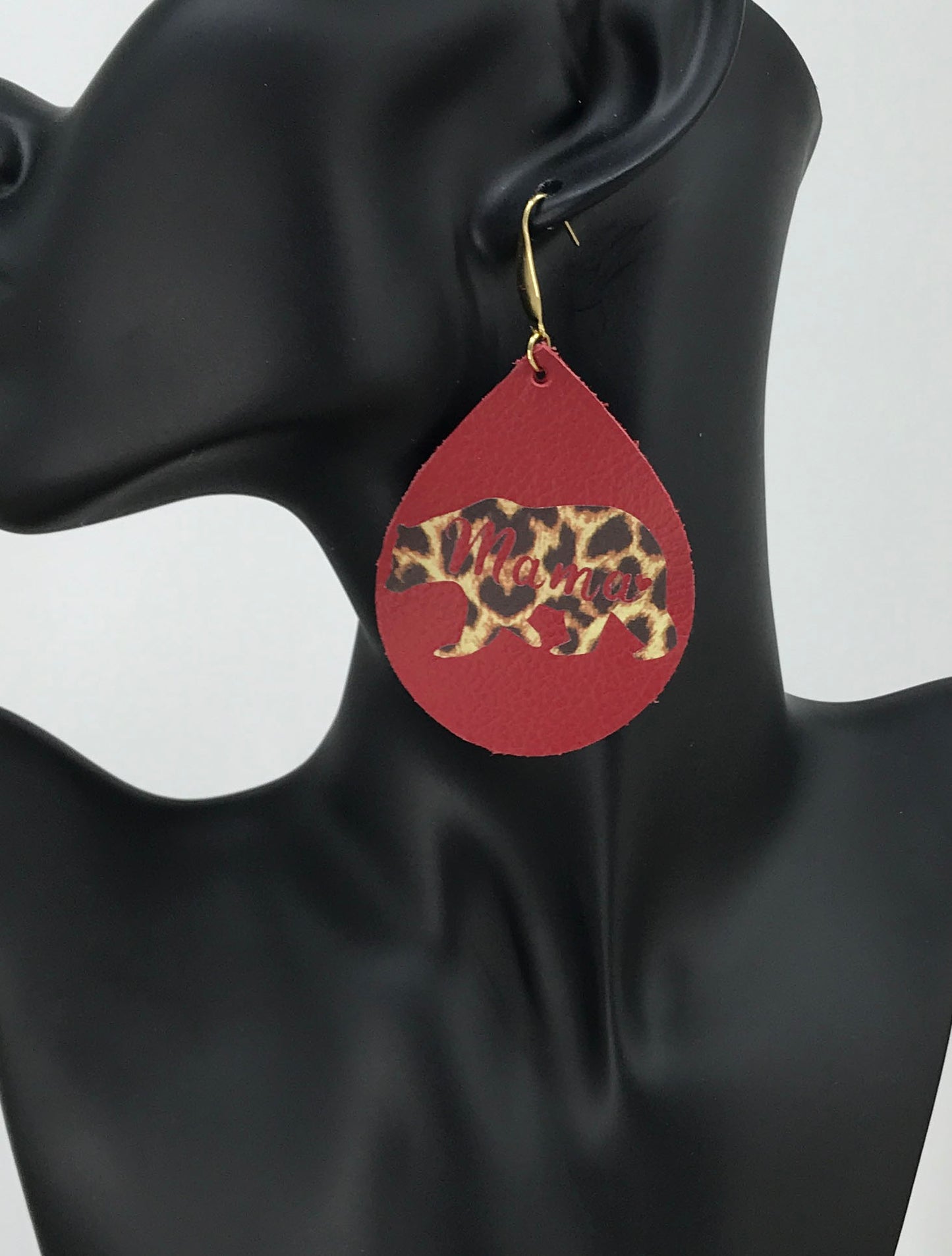 Red Leather "Mama Bear" Cheetah Print Earrings - E19-1309