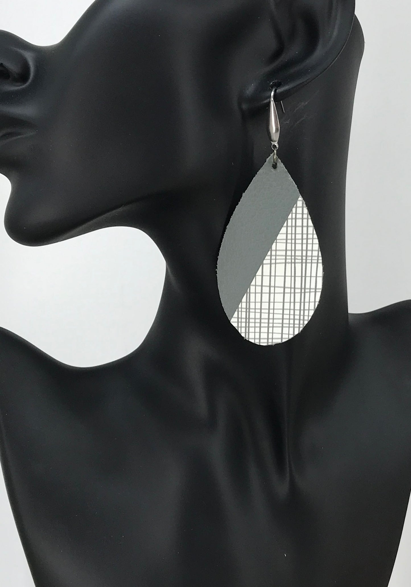 Gray & White Plaid Teardrop Leather Earrings