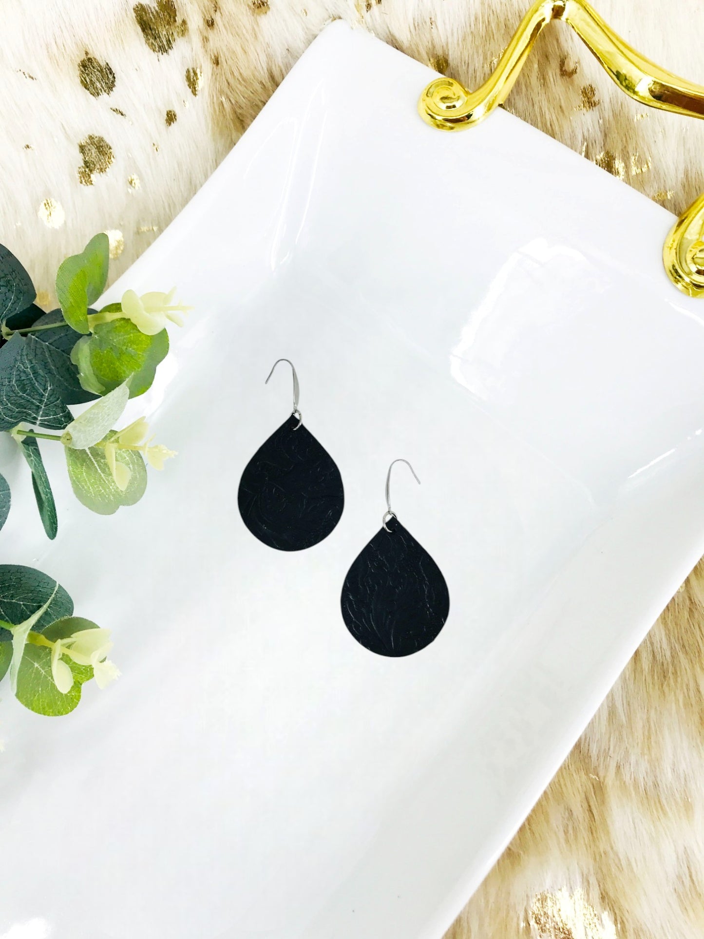 Black Embossed Leather Earrings - E19-1312