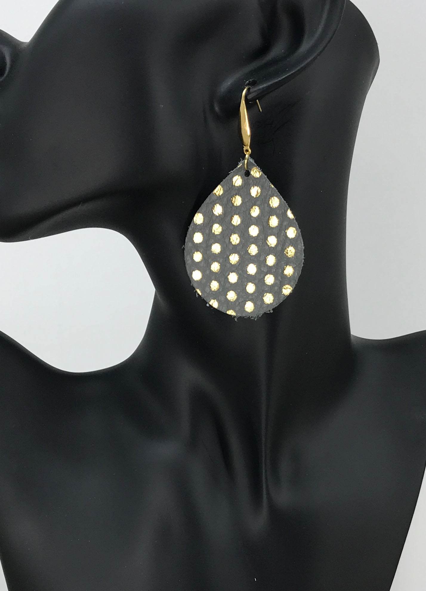 Metallic Gray and Gold Polka Dot Teardrop Leather Earrings