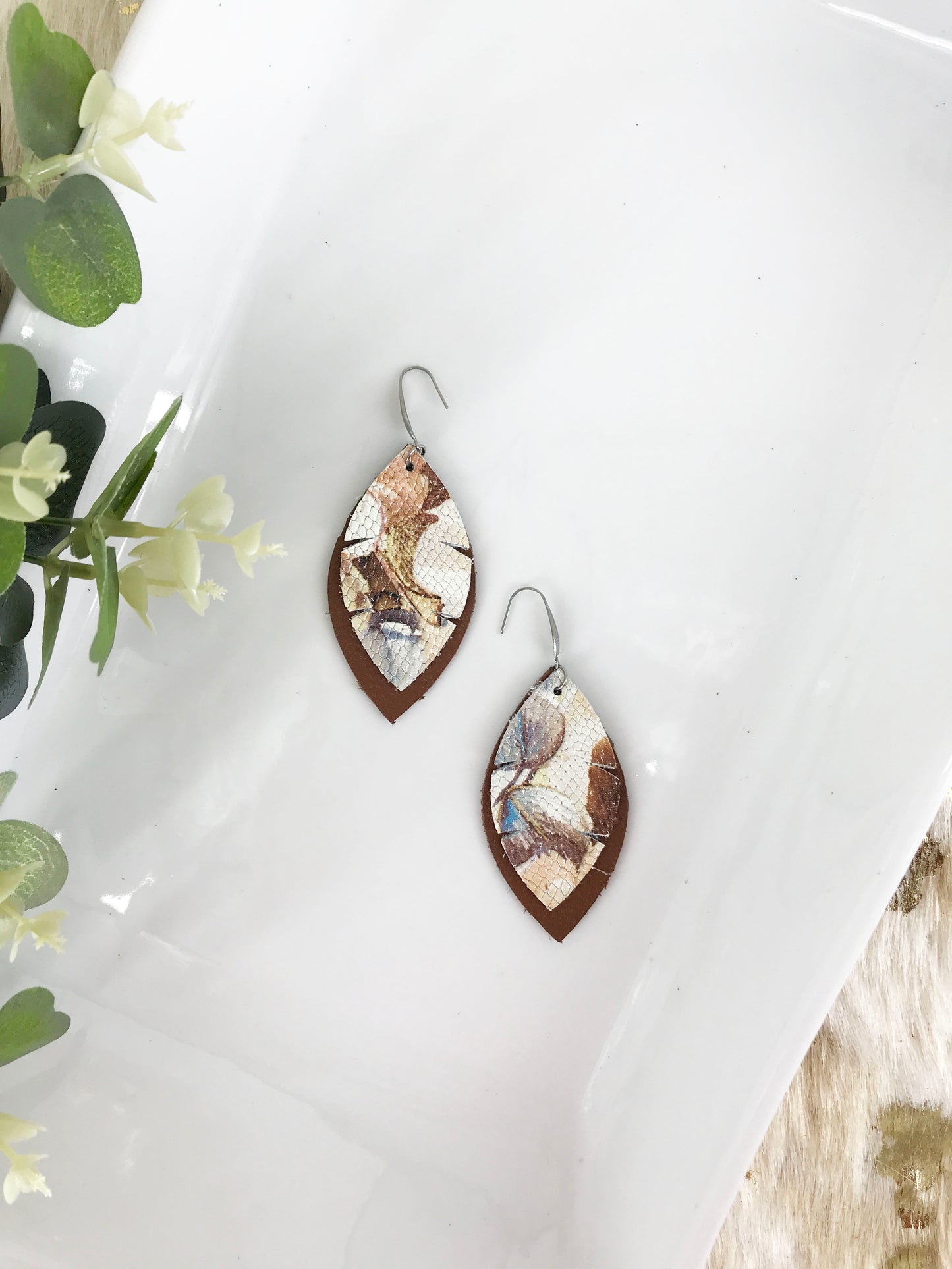 Brown and Textured Floral Snake Leather Earrings - E19-1319