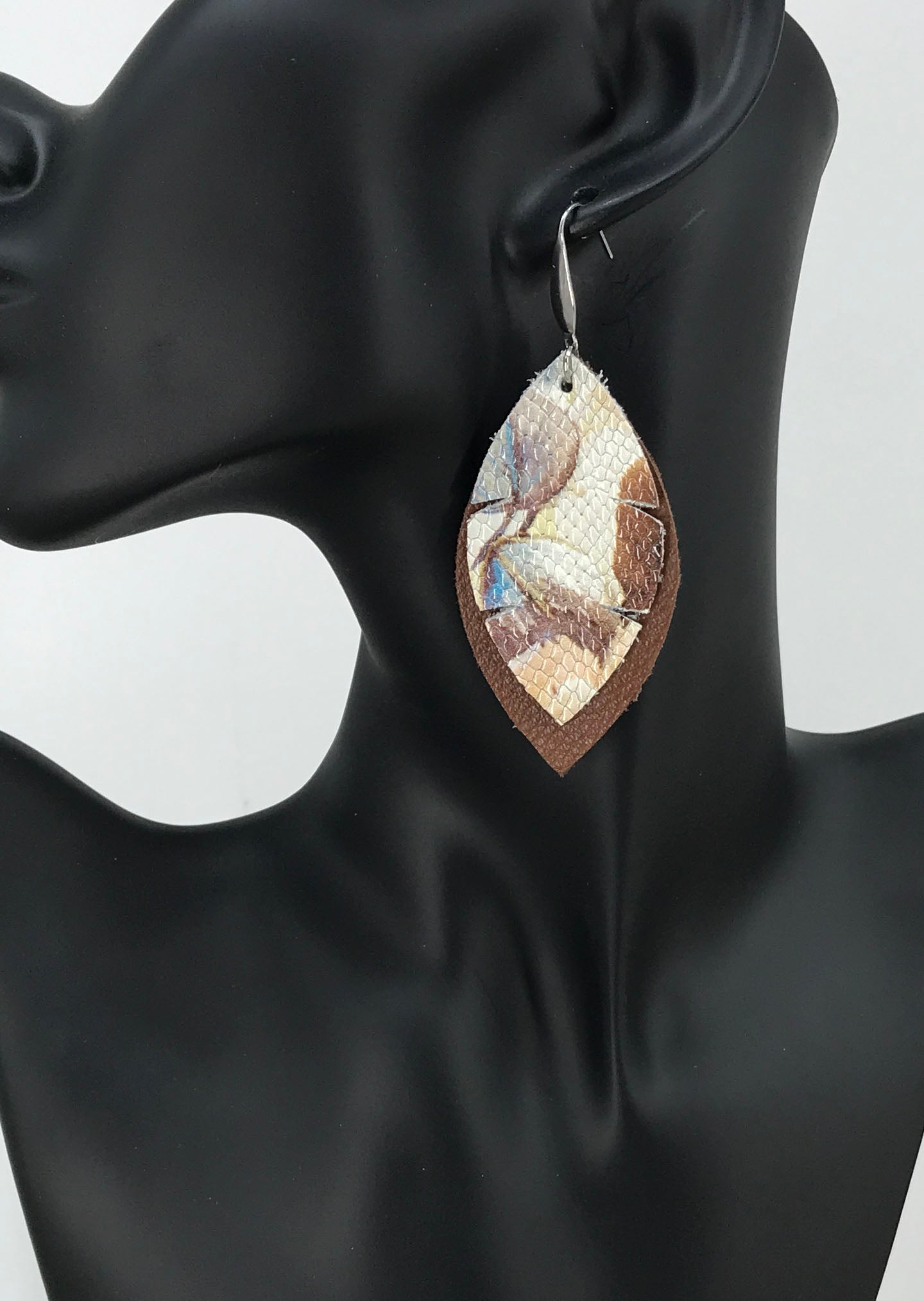 Brown and Textured Floral Snake Leather Earrings - E19-1319