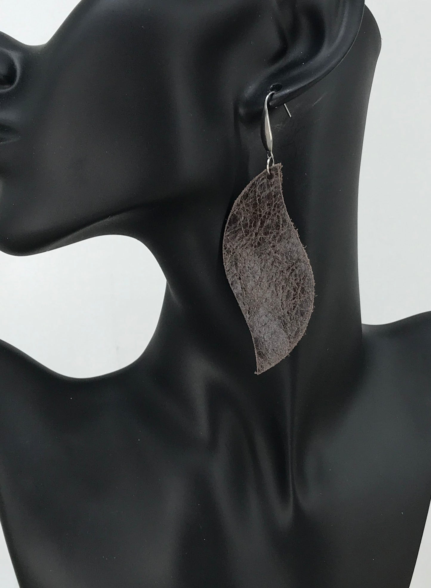 Brown Metallic Curved Leaf Leather Earrings