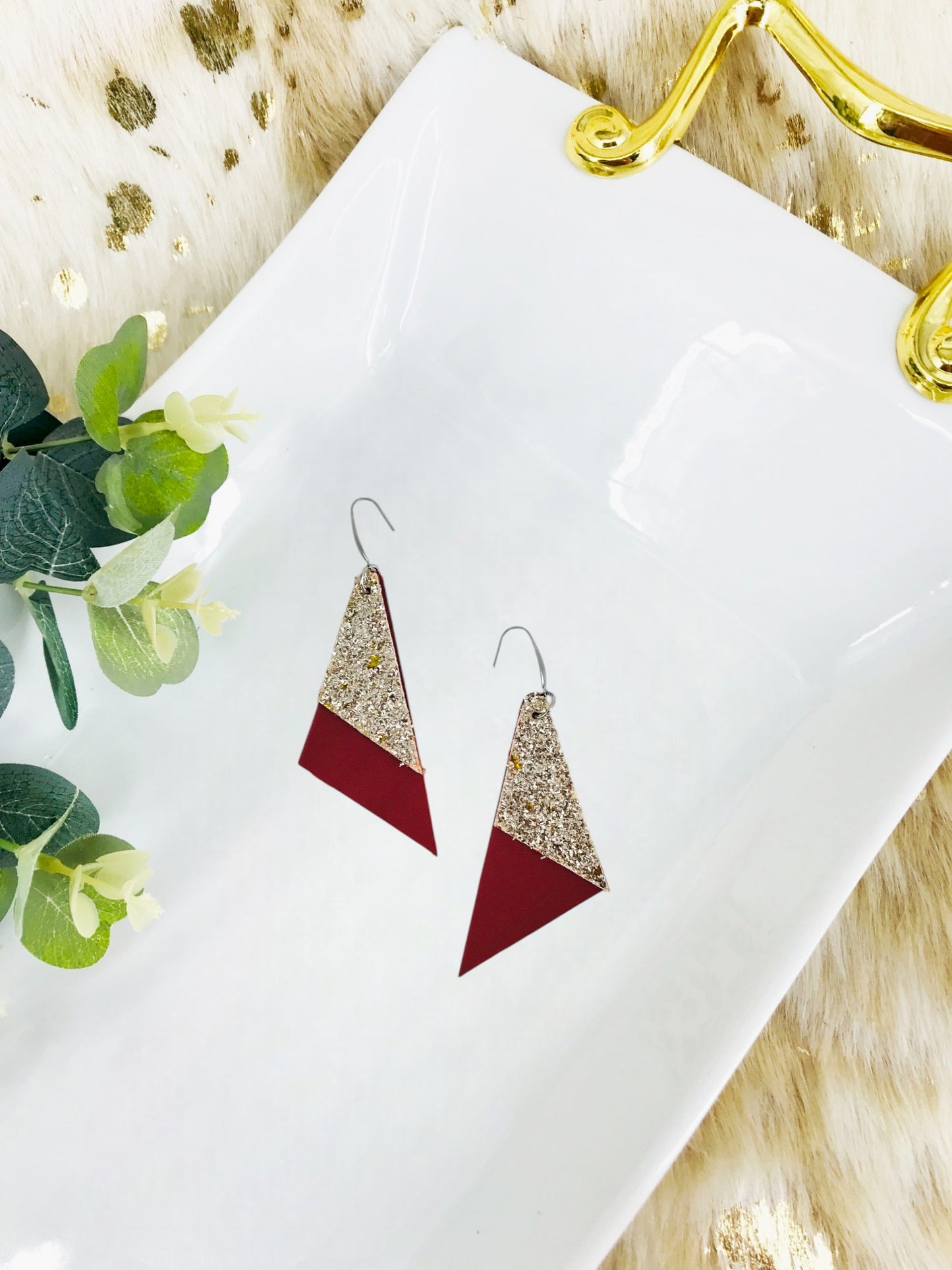 Cranberry Leather and Gold Chunky Glitter Leather Earrings - E19-1329
